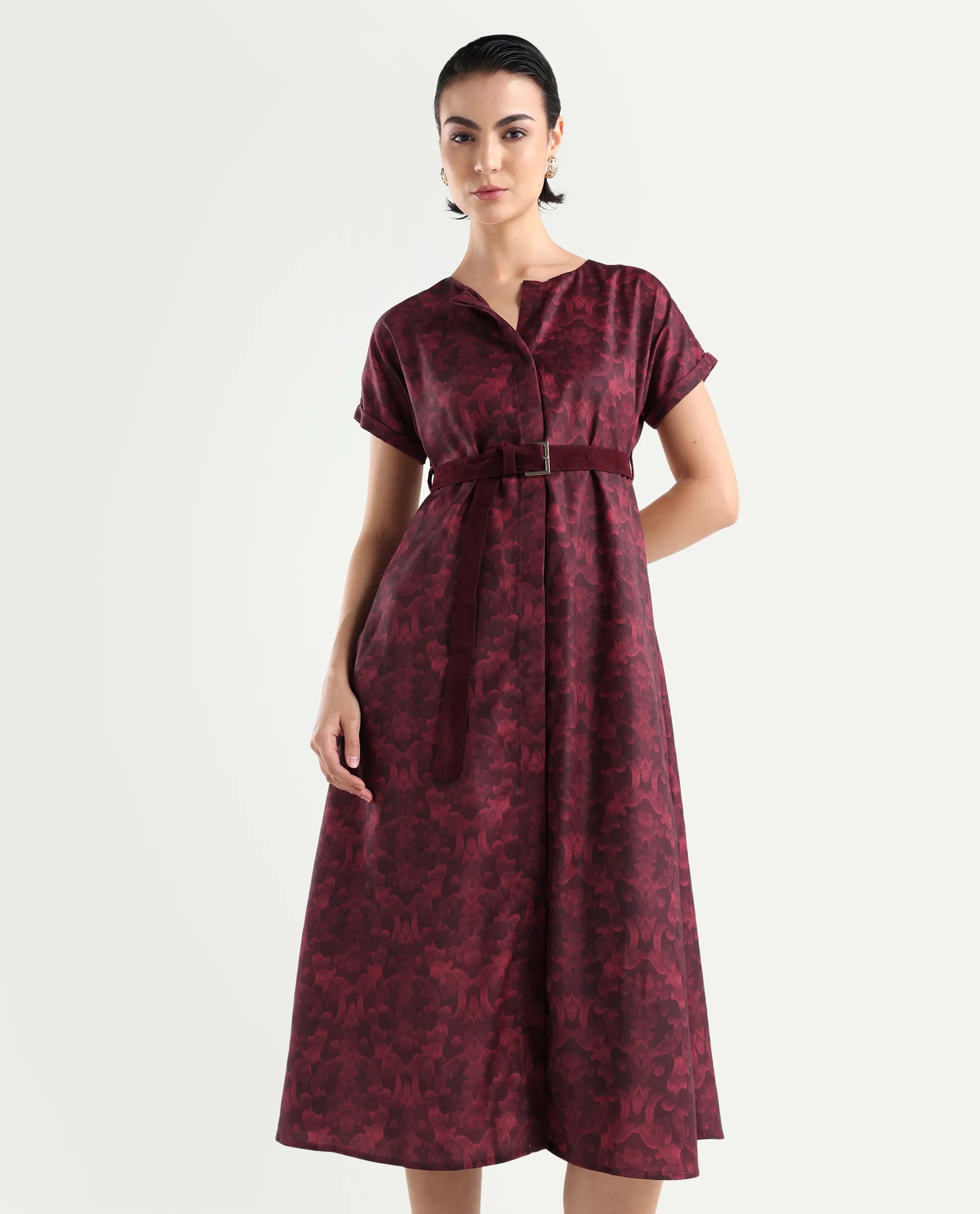 Rareism Women's Mulaani Maroon Satin Round Neck Abstract Print Extended Sleeves Midi A-Line Dress