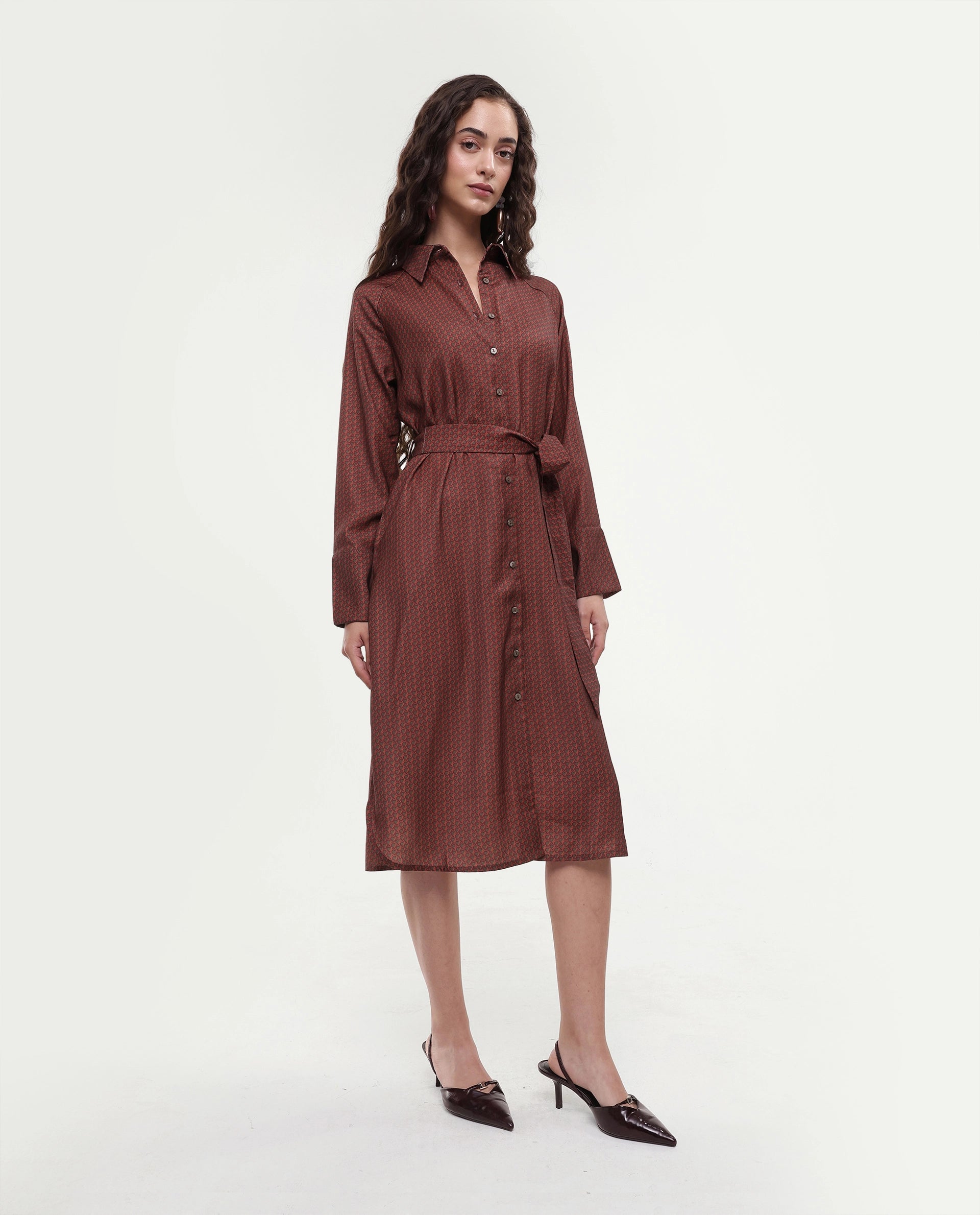 Rareism Women's Paari Multi Polyester Spread Collar Plain Cuffed Sleeve Midi Straight Fit Dress