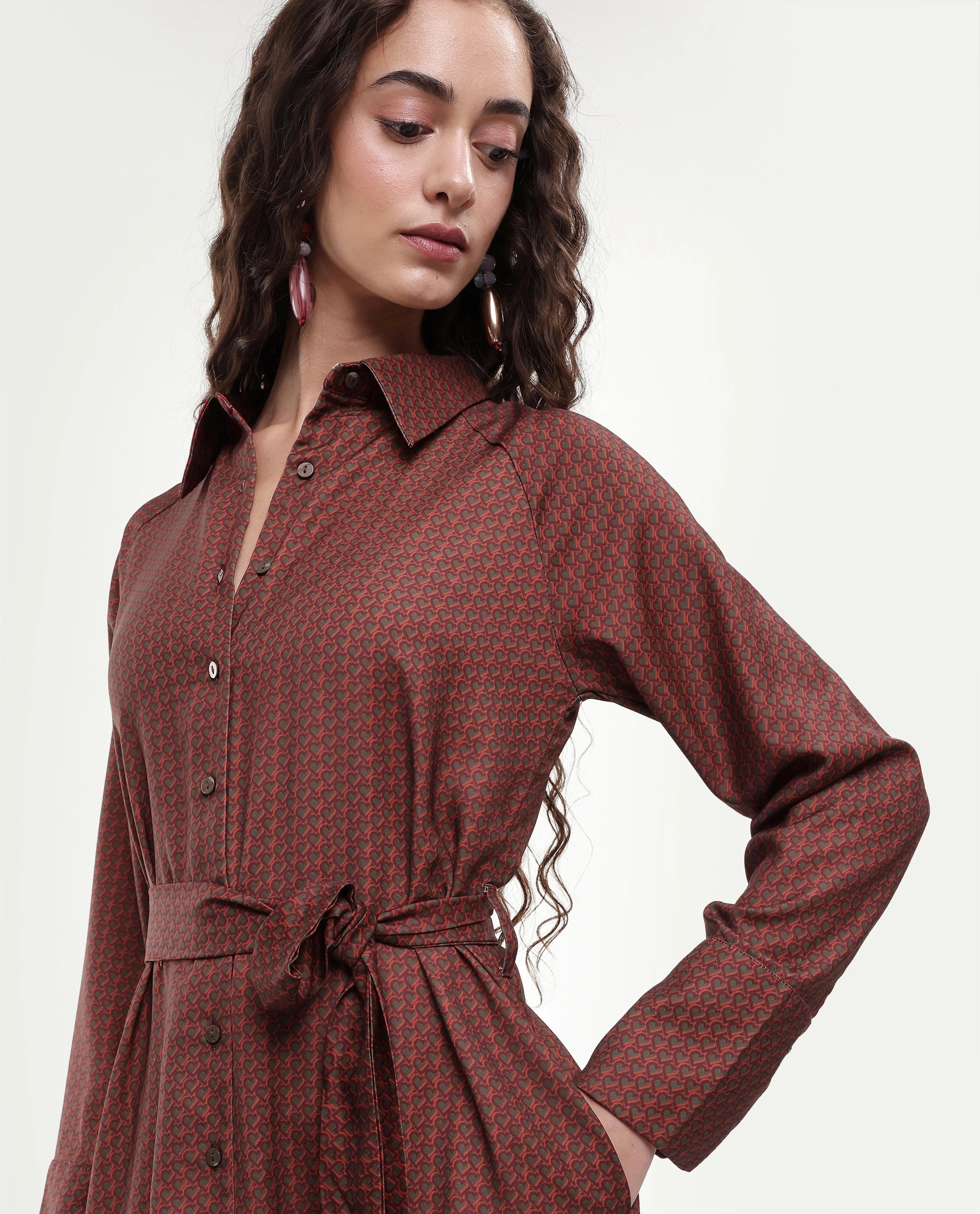 Rareism Women's Paari Multi Polyester Spread Collar Plain Cuffed Sleeve Midi Straight Fit Dress