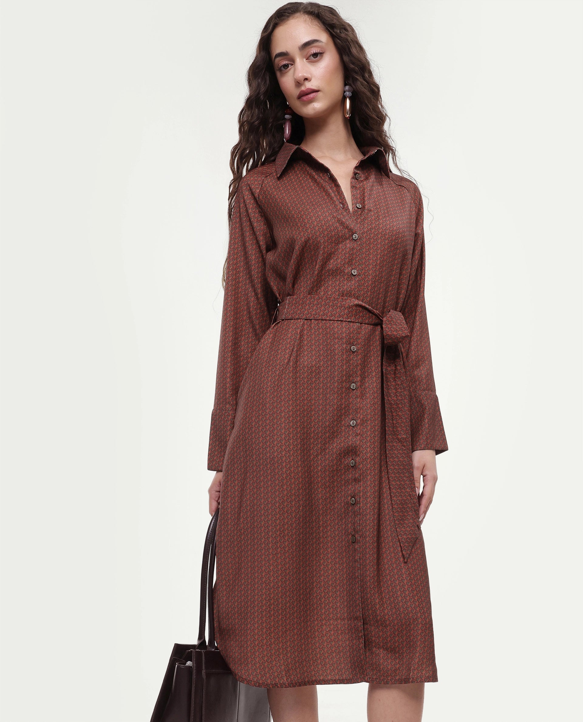 Rareism Women's Paari Multi Polyester Spread Collar Plain Cuffed Sleeve Midi Straight Fit Dress