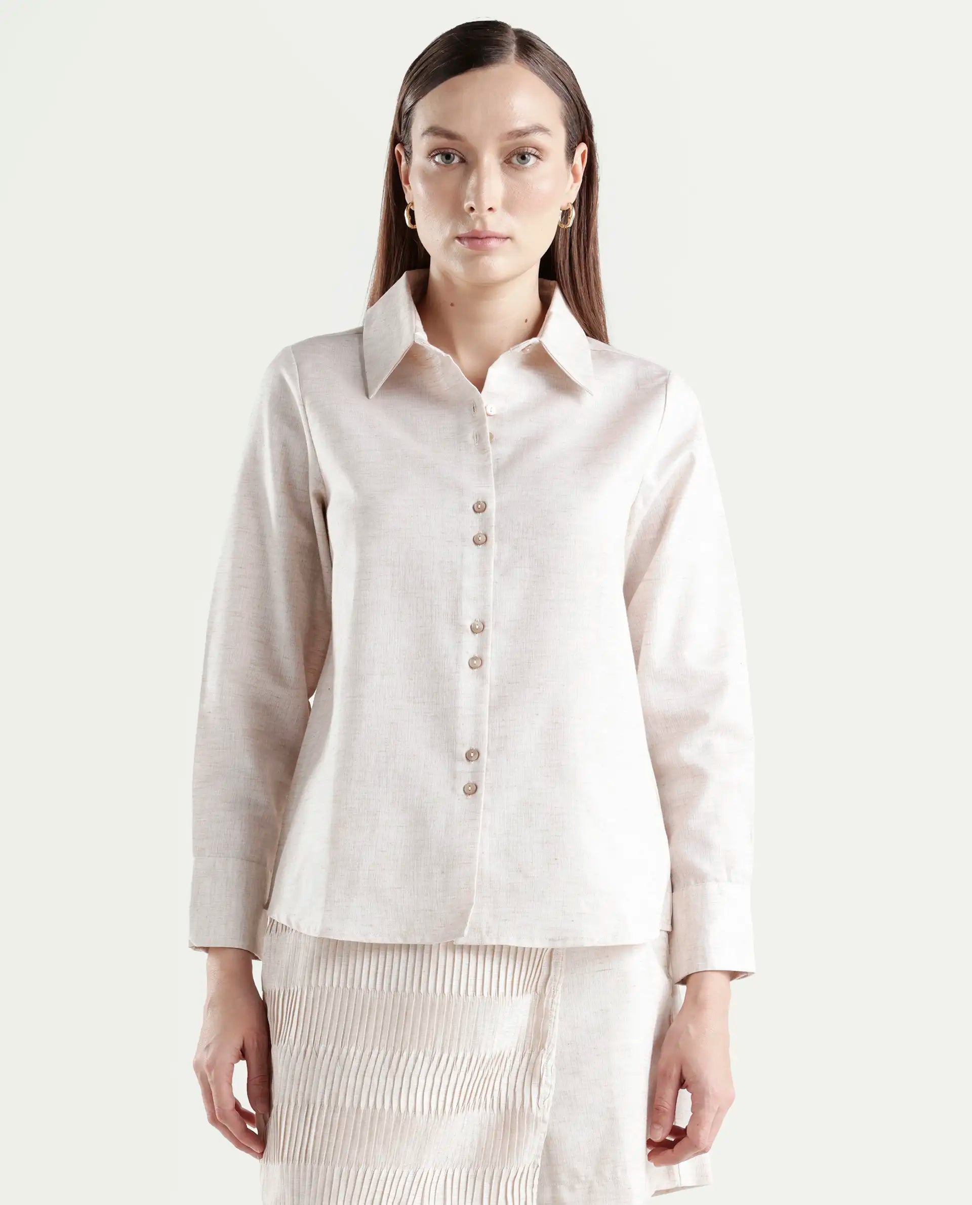 Rareism Women's Lippta Beige Polyester Spread Collar Plain Cuffed Sleeve Regular Fit Top