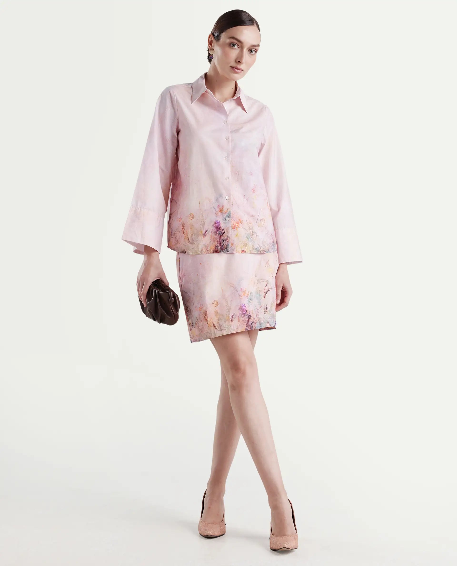Rareism Women's Loko Pink Cotton Spread Collar Floral Print Bell Sleeve Regular Fit Top