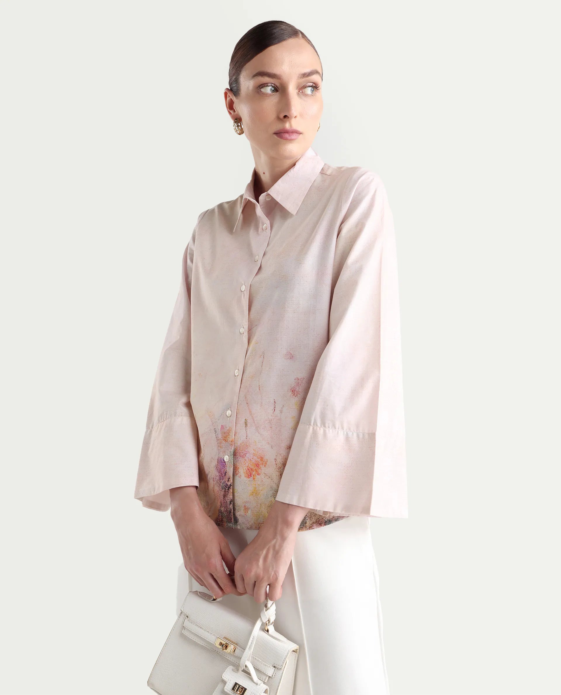 Rareism Women's Loko Pink Cotton Spread Collar Floral Print Bell Sleeve Regular Fit Top