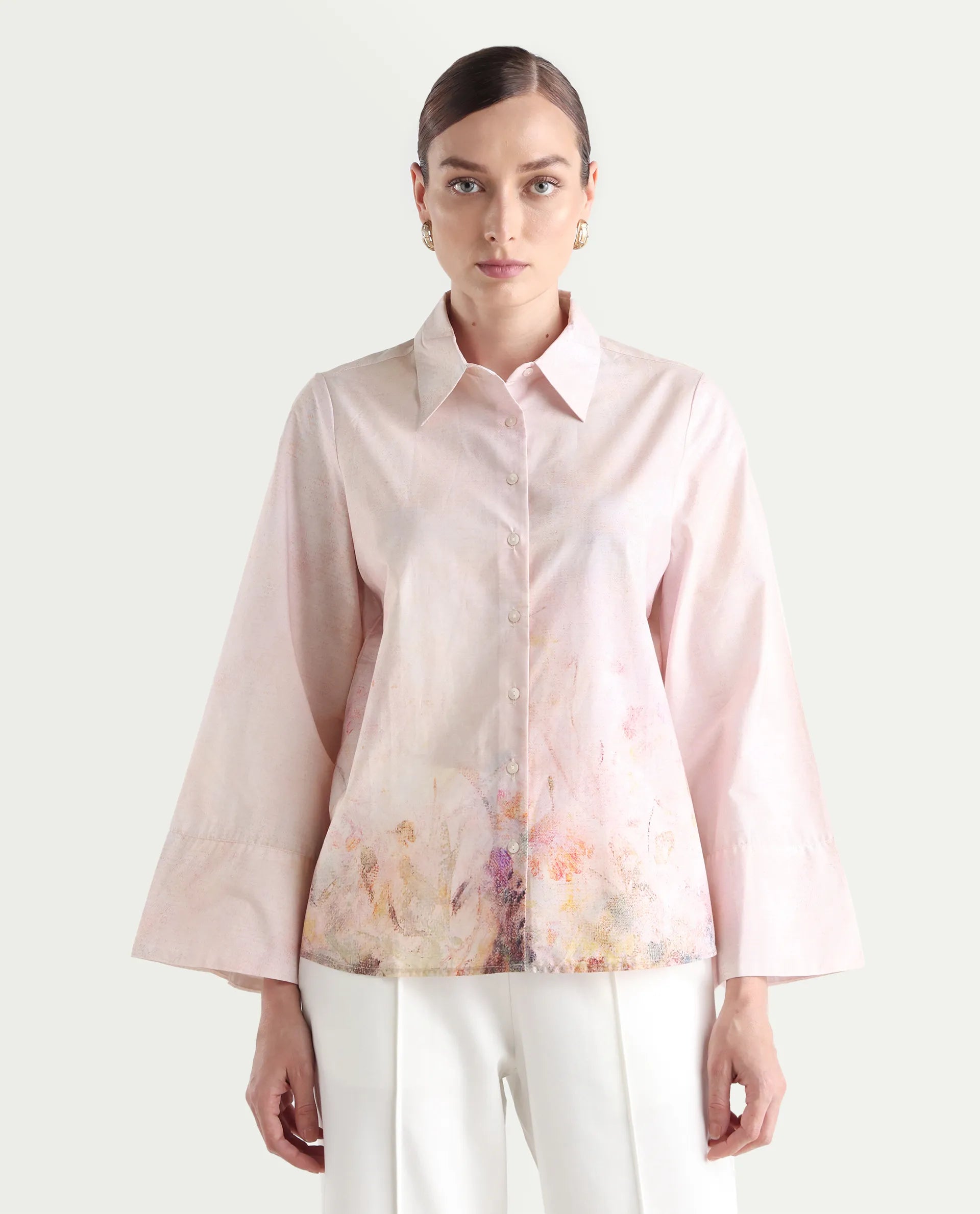 Rareism Women's Loko Pink Cotton Spread Collar Floral Print Bell Sleeve Regular Fit Top