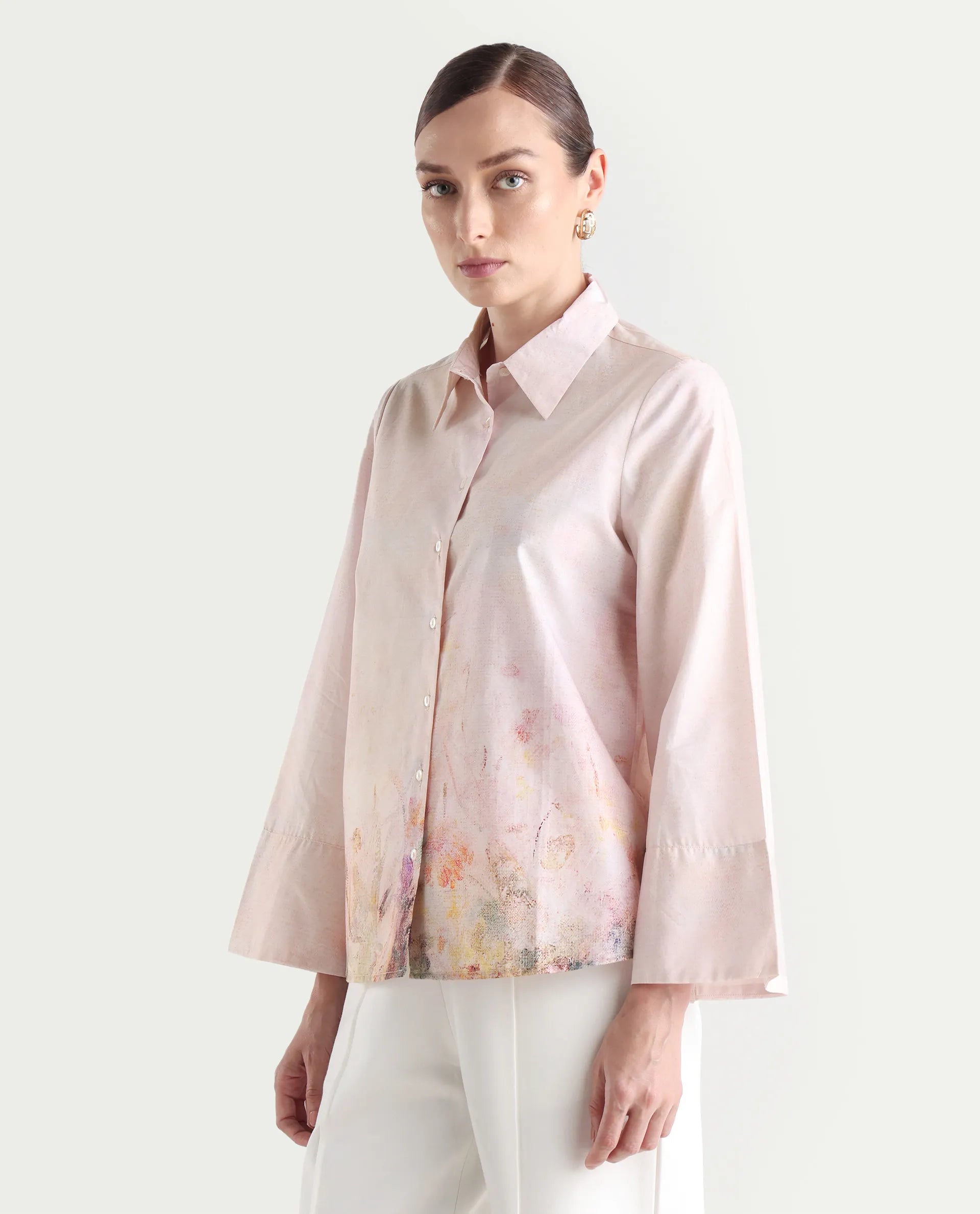 Rareism Women's Loko Pink Cotton Spread Collar Floral Print Bell Sleeve Regular Fit Top