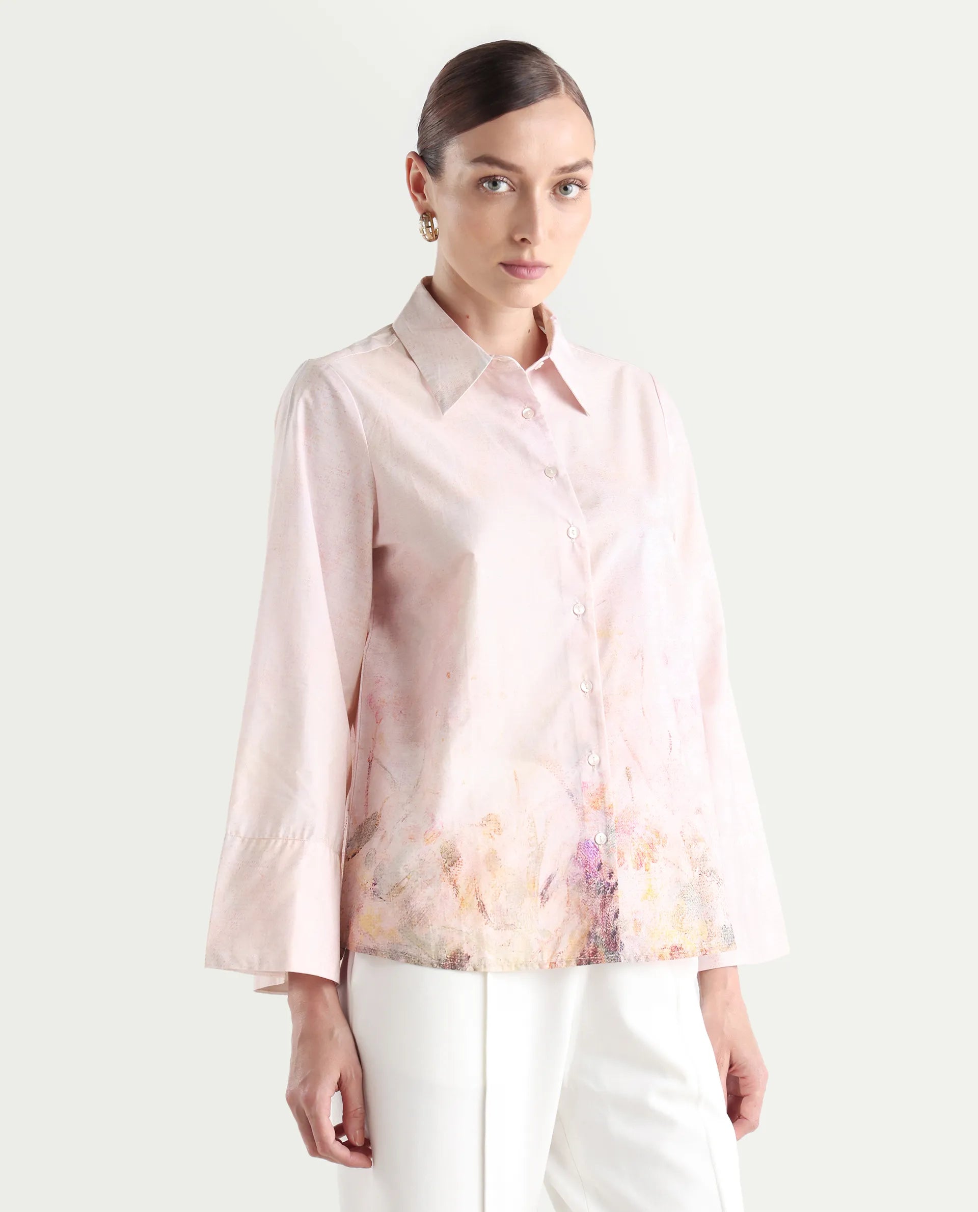 Rareism Women's Loko Pink Cotton Spread Collar Floral Print Bell Sleeve Regular Fit Top