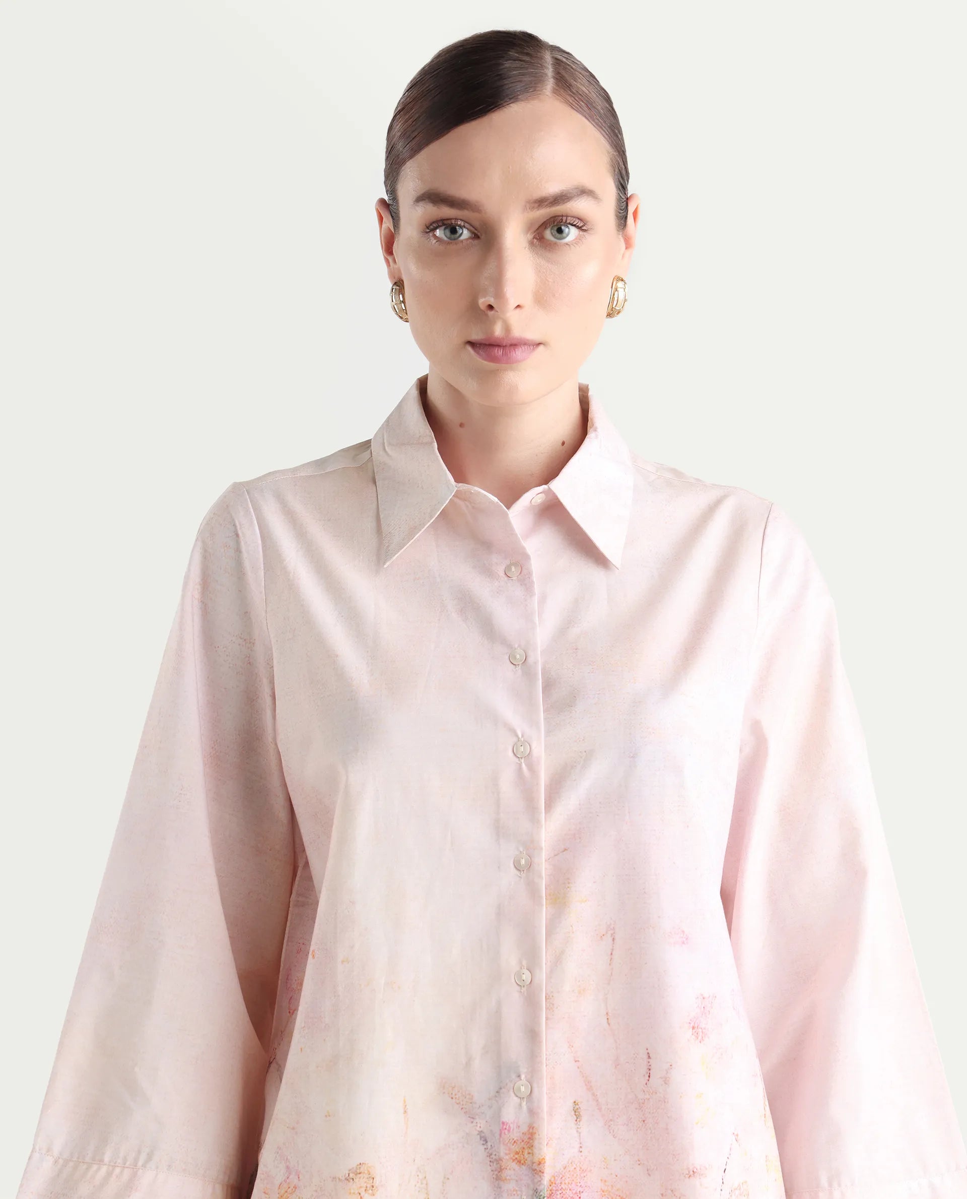 Rareism Women's Loko Pink Cotton Spread Collar Floral Print Bell Sleeve Regular Fit Top