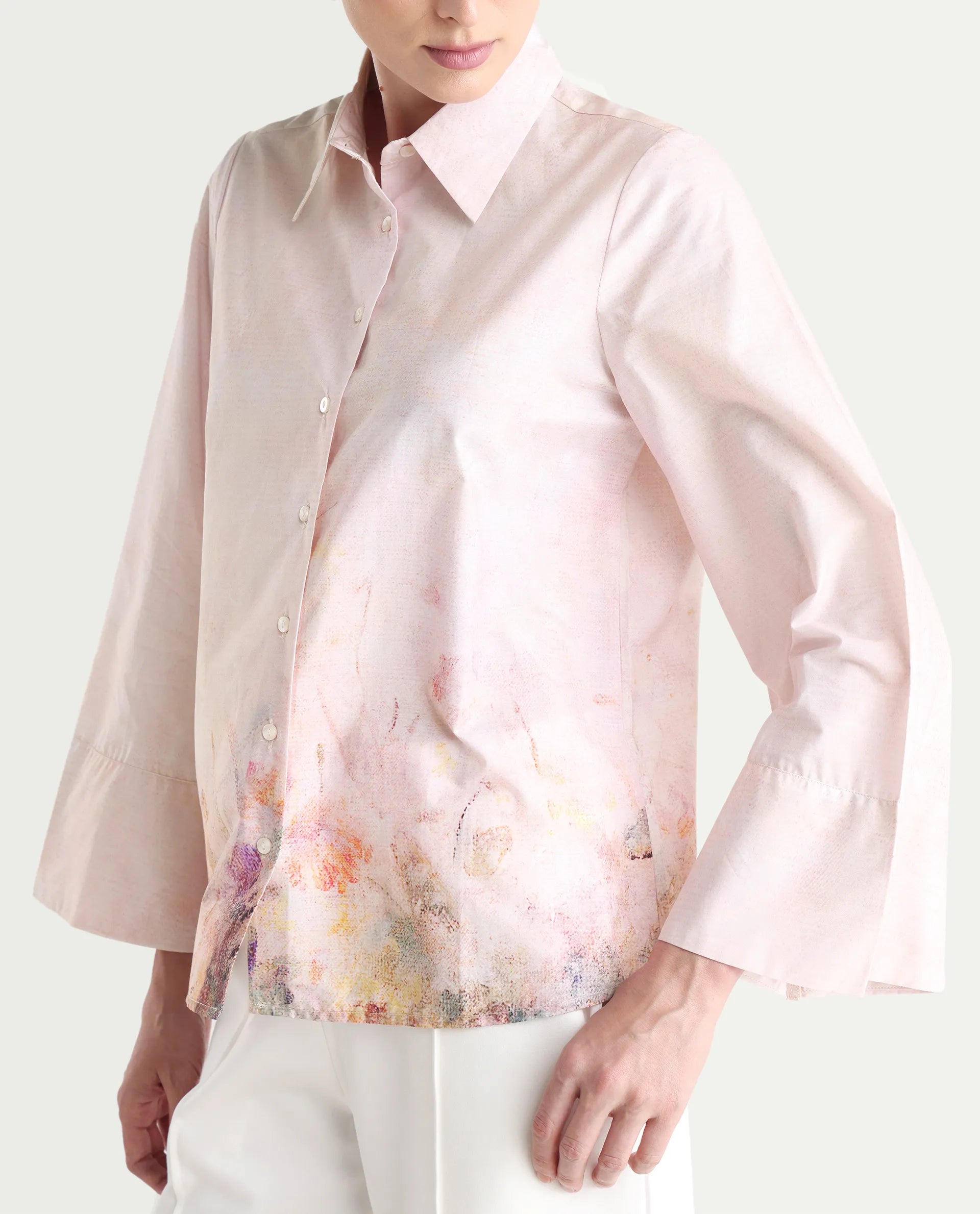 Rareism Women's Loko Pink Cotton Spread Collar Floral Print Bell Sleeve Regular Fit Top