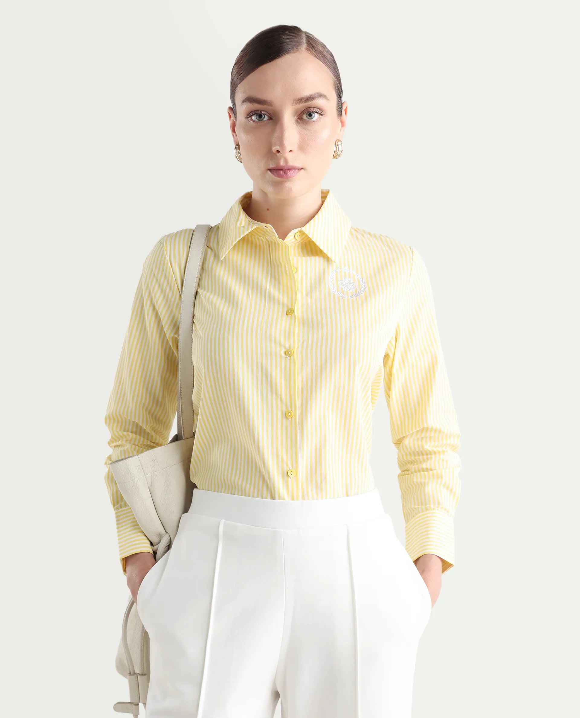 Rareism Women's Robbu Yellow Cotton Drop Collar Striped Cuffed Sleeve Regular Fit Shirt