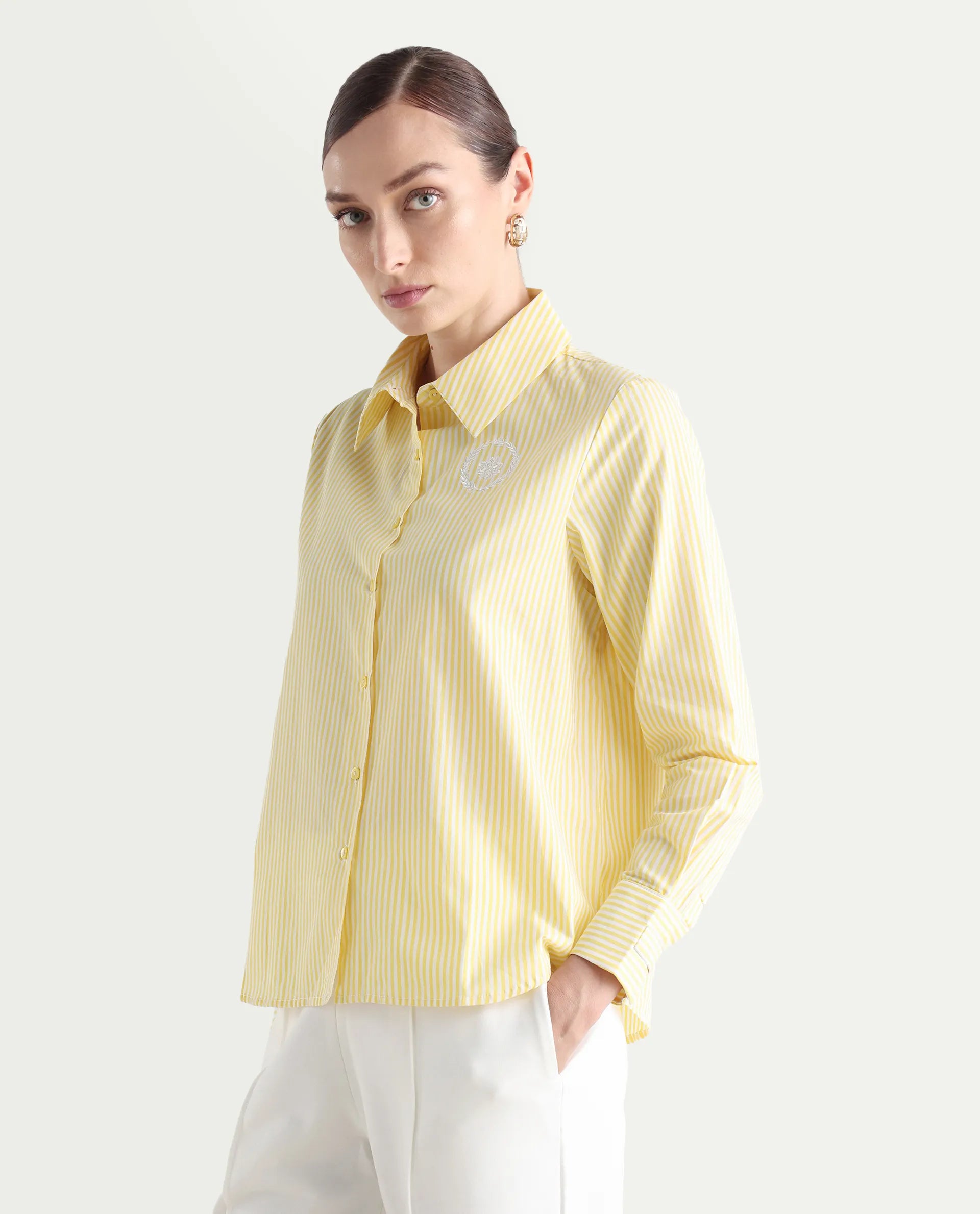 Rareism Women's Robbu Yellow Cotton Drop Collar Striped Cuffed Sleeve Regular Fit Shirt