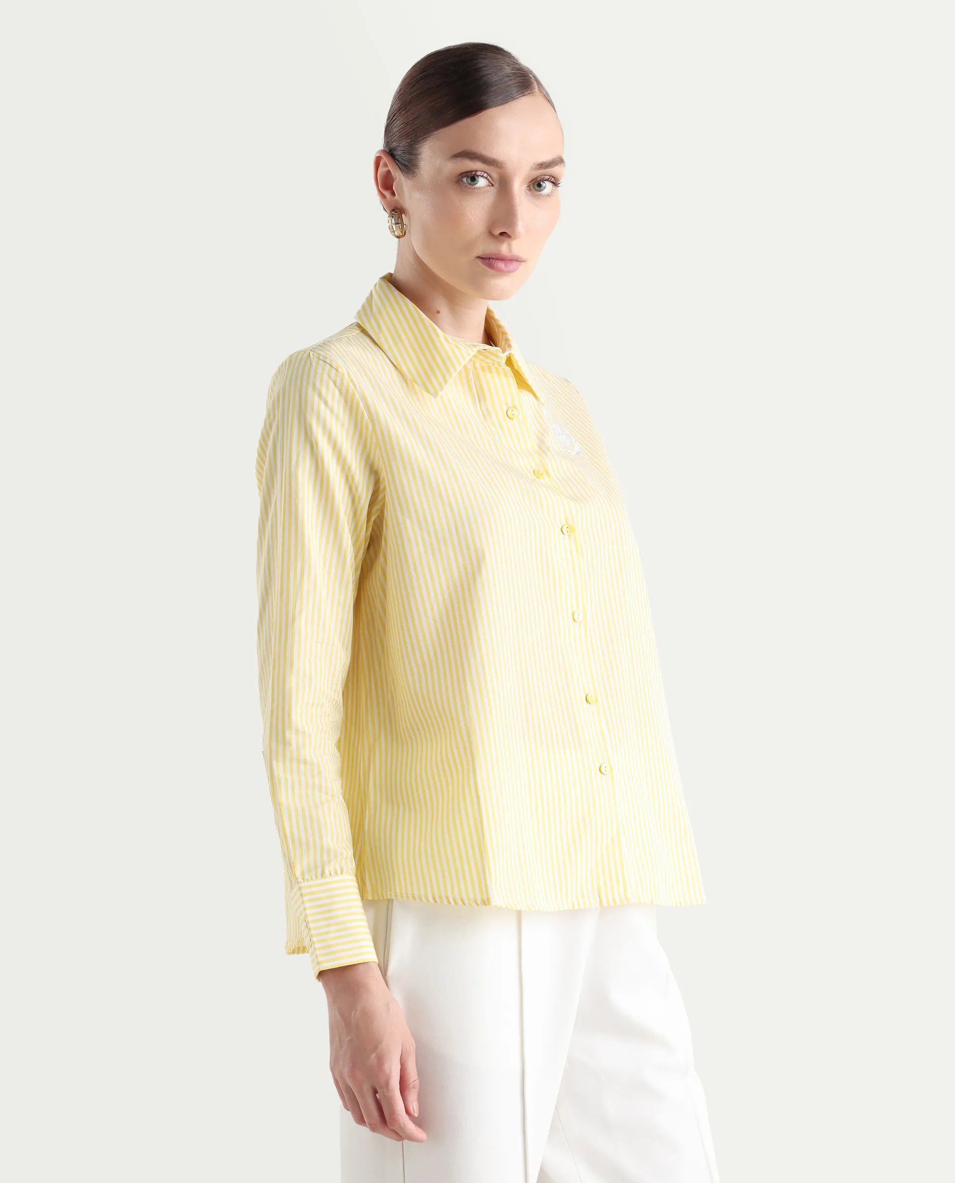 Rareism Women's Robbu Yellow Cotton Drop Collar Striped Cuffed Sleeve Regular Fit Shirt