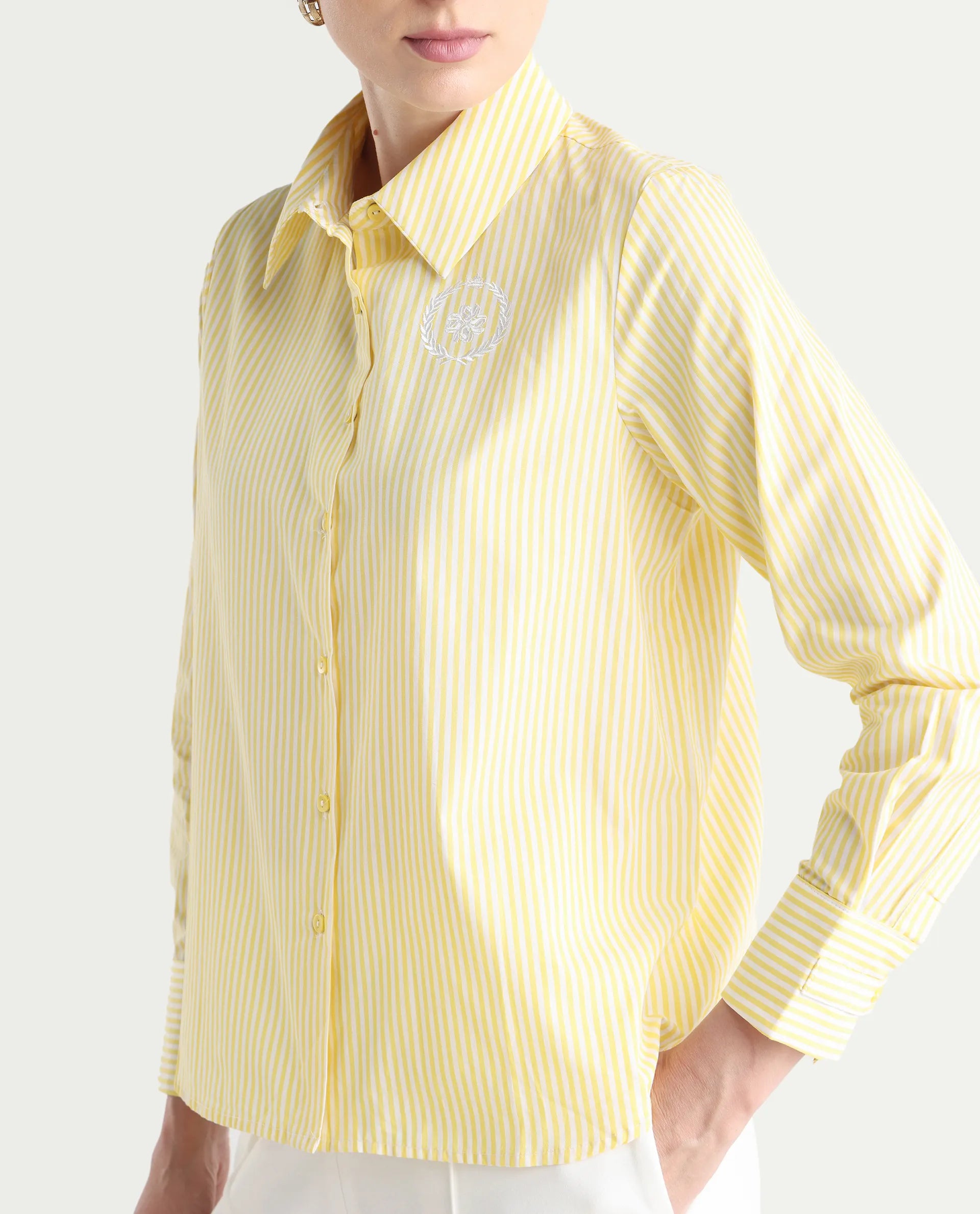 Rareism Women's Robbu Yellow Cotton Drop Collar Striped Cuffed Sleeve Regular Fit Shirt