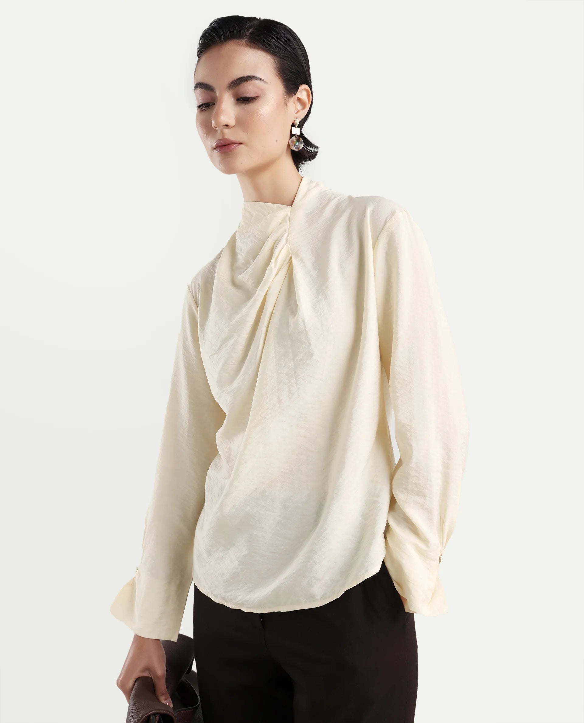 Rareism Women's Xave Beige Nylon Nylon Blend Spread Collar Plain Regular Fit Shirt