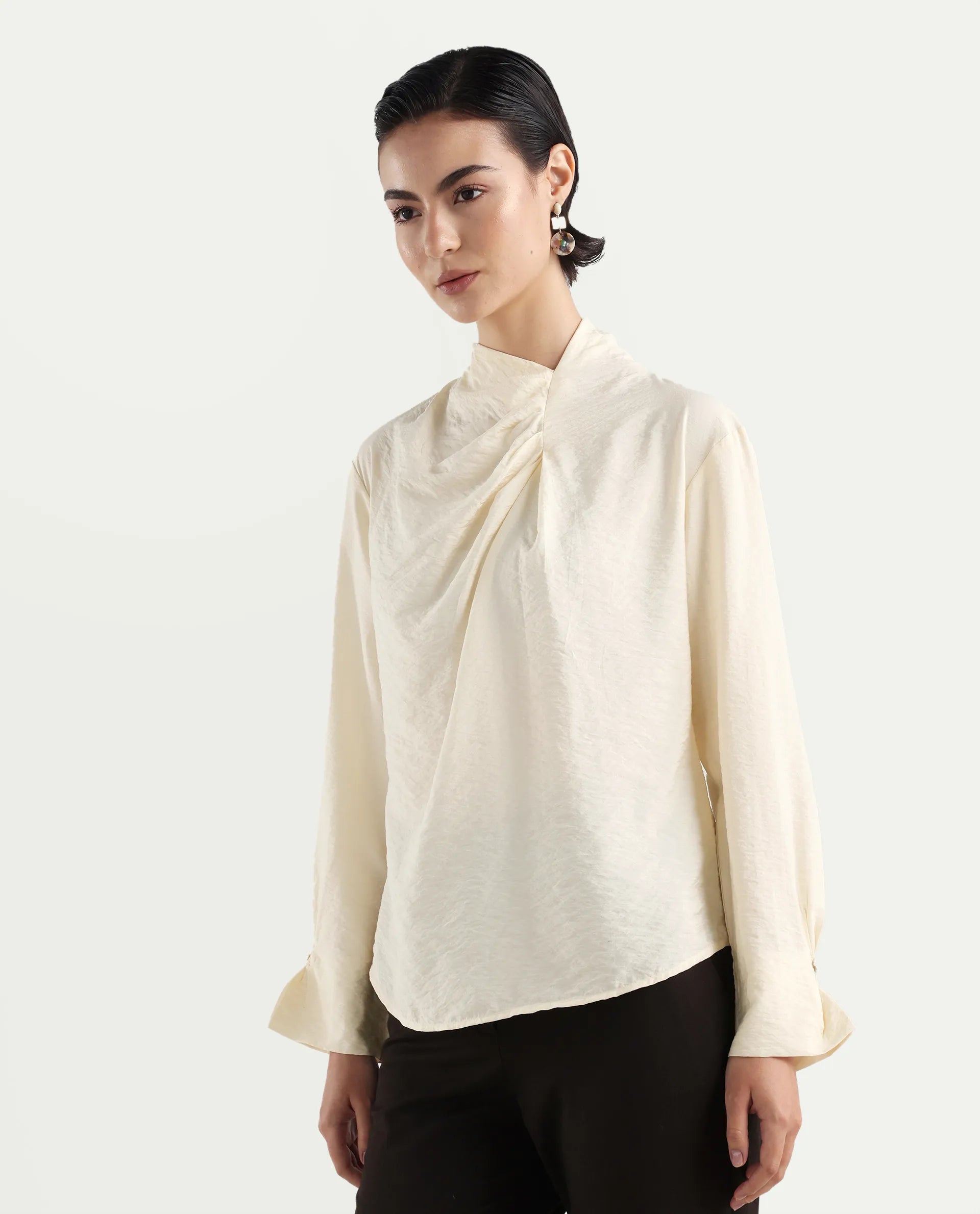 Rareism Women's Xave Beige Nylon Nylon Blend Spread Collar Plain Regular Fit Shirt