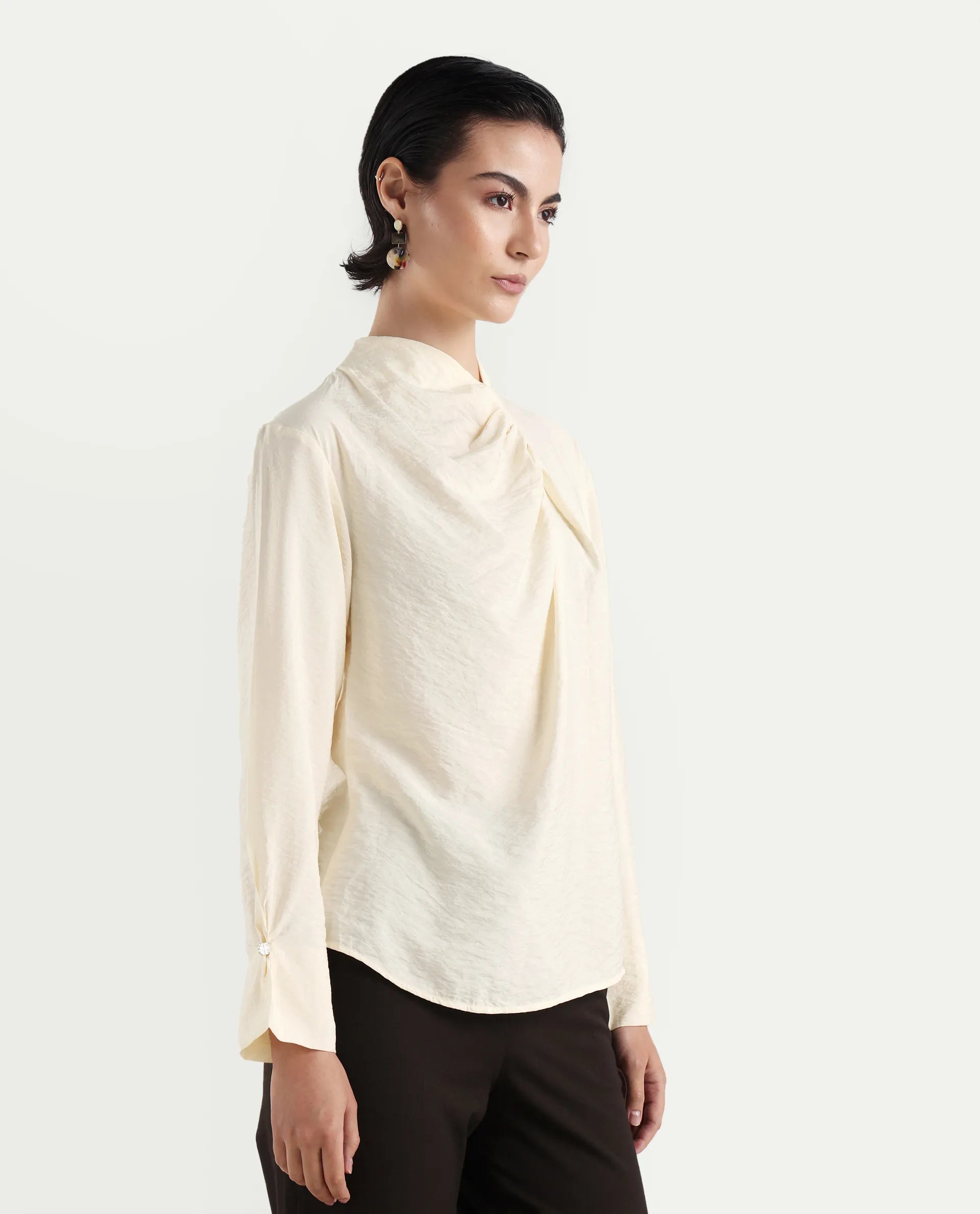 Rareism Women's Xave Beige Nylon Nylon Blend Spread Collar Plain Regular Fit Shirt