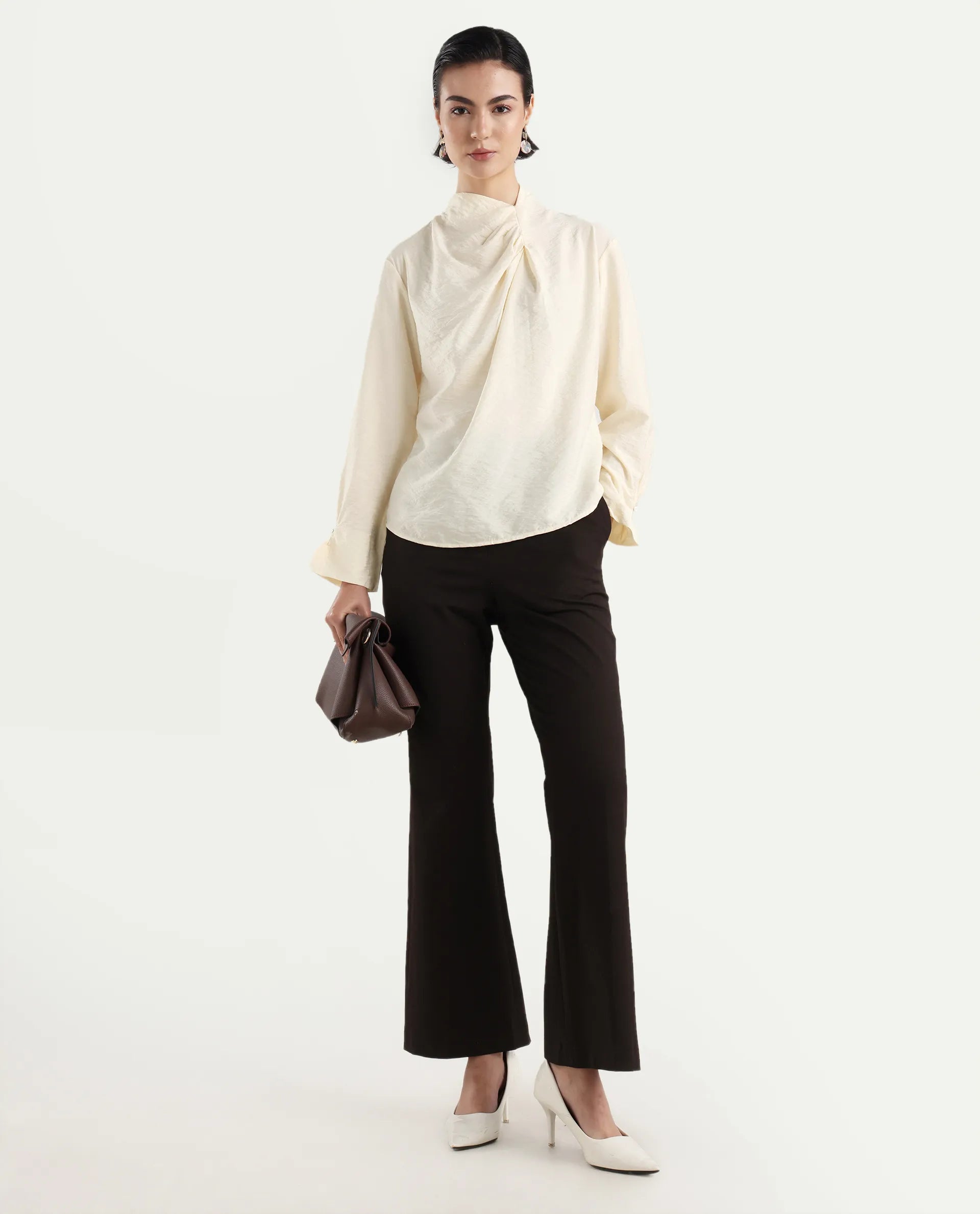 Rareism Women's Xave Beige Nylon Nylon Blend Spread Collar Plain Regular Fit Shirt