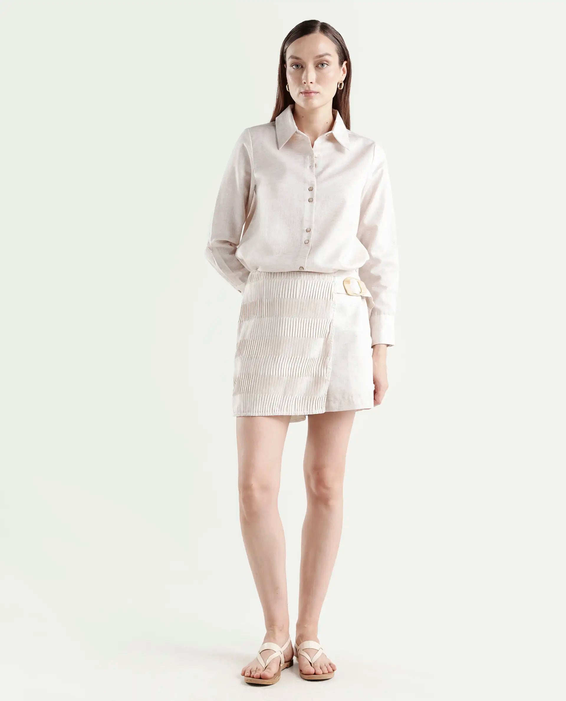 Rareism Women's Lippta-B-Beige Polyester Plain Mini Regular Fit Skirt