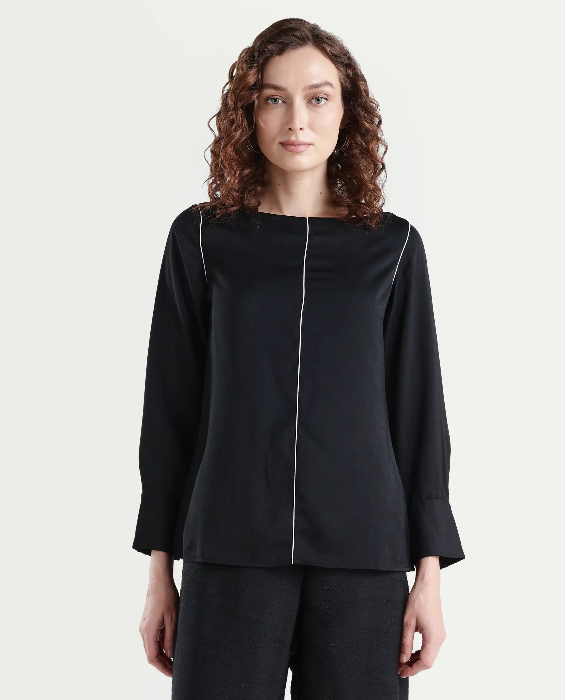 Rareism Women's Pidet Black Satin Boat Neck Plain Cuffed Sleeve Regular Fit Top