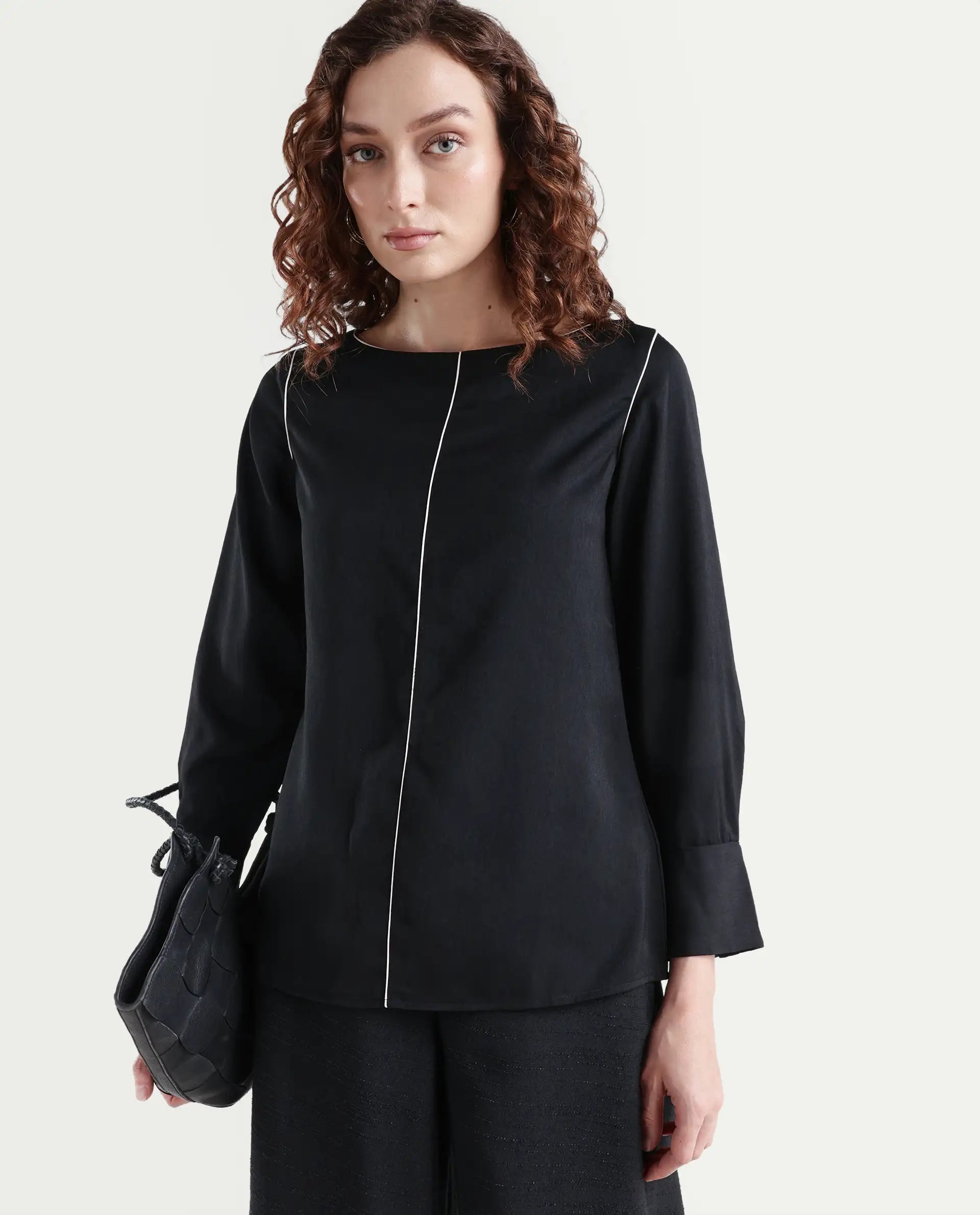 Rareism Women's Pidet Black Satin Boat Neck Plain Cuffed Sleeve Regular Fit Top