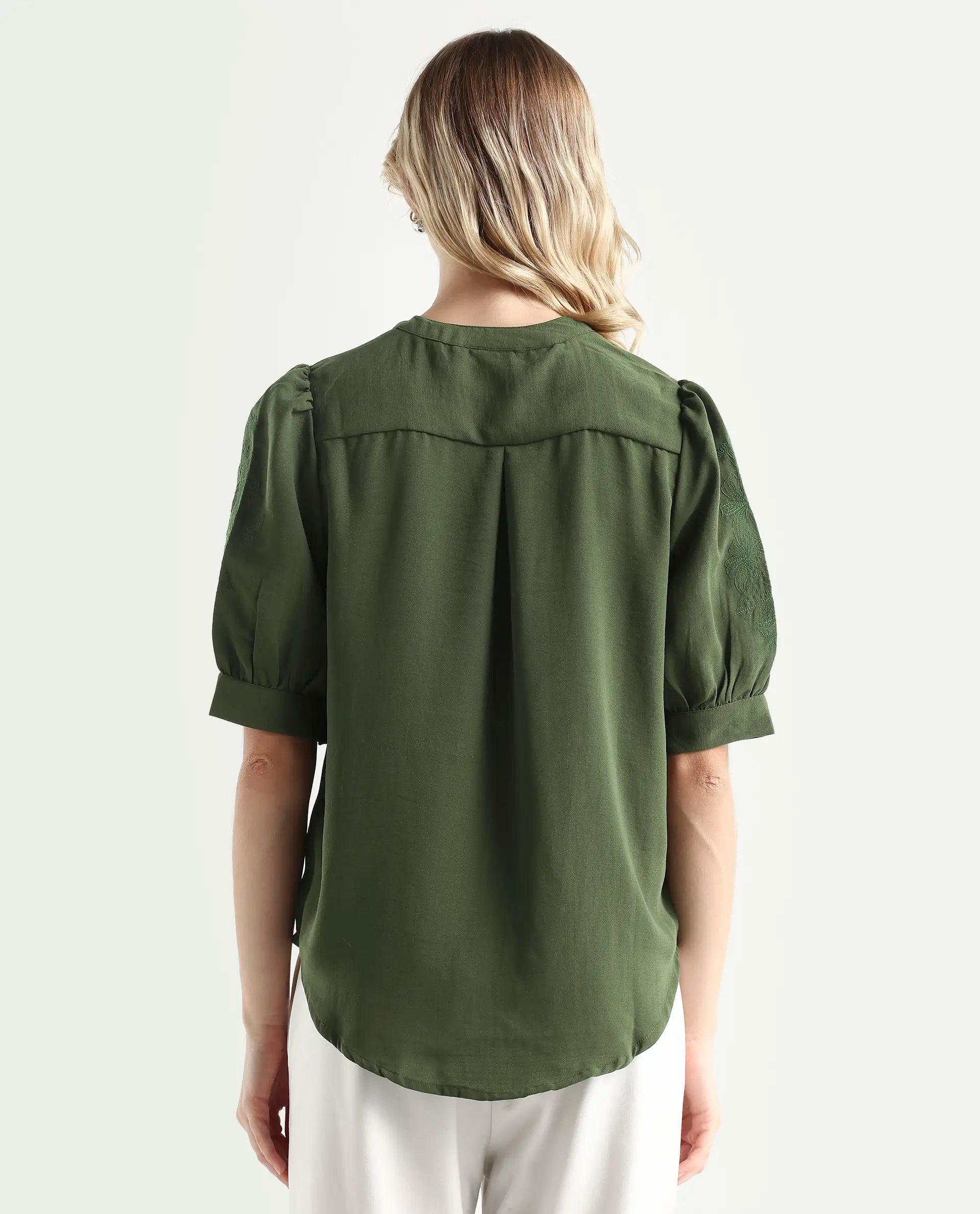 Rareism Women's Onit Olive Polyester Mandarin Collar Plain Bishop Sleeve Regular Fit Top