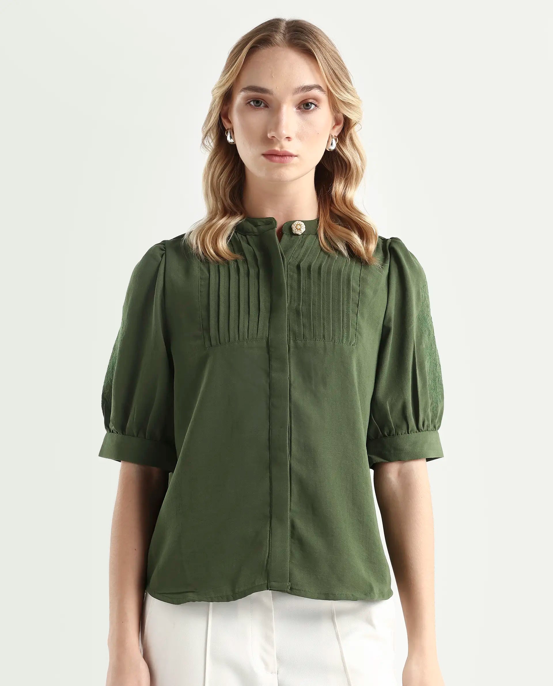 Rareism Women's Onit Olive Polyester Mandarin Collar Plain Bishop Sleeve Regular Fit Top