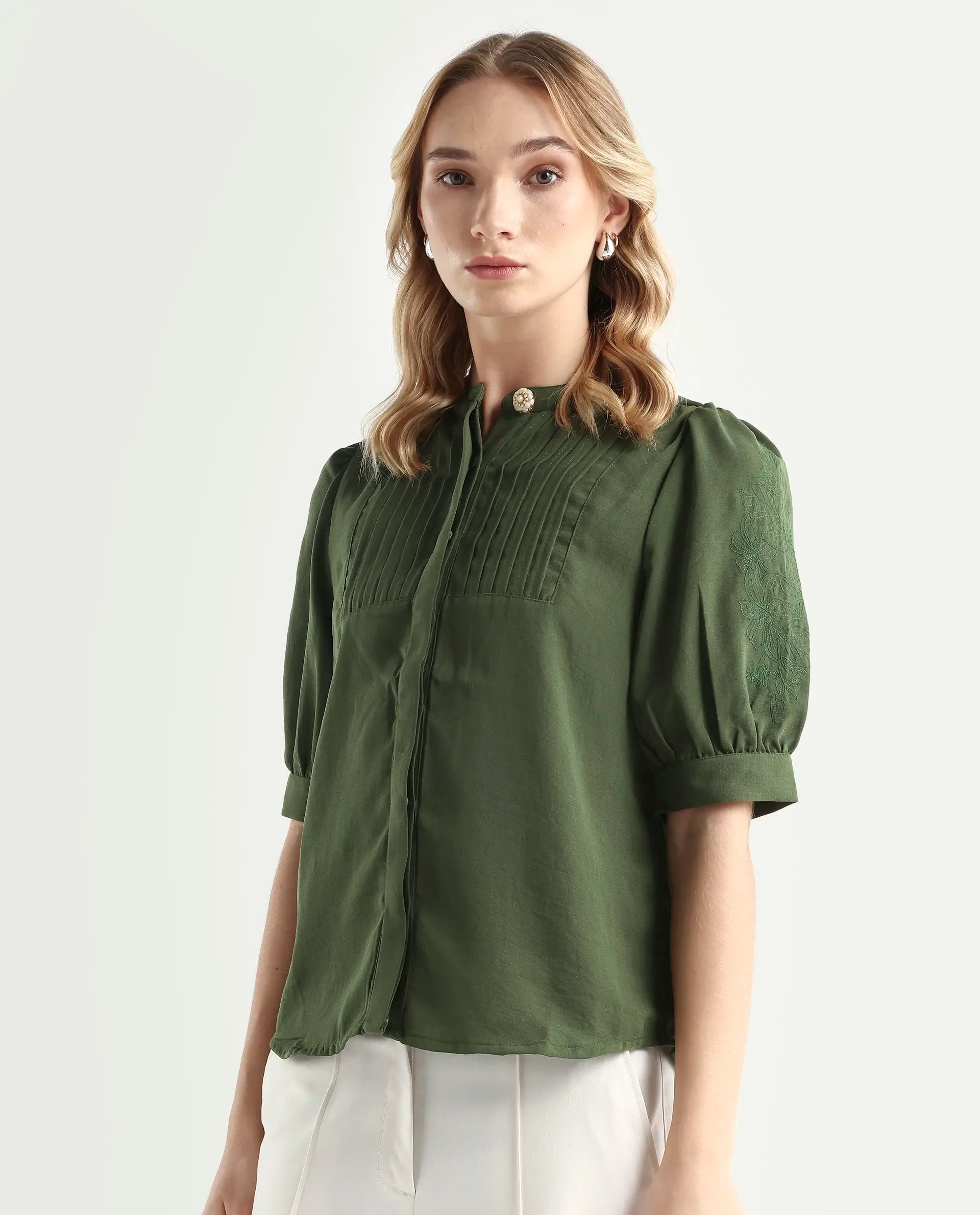 Rareism Women's Onit Olive Polyester Mandarin Collar Plain Bishop Sleeve Regular Fit Top