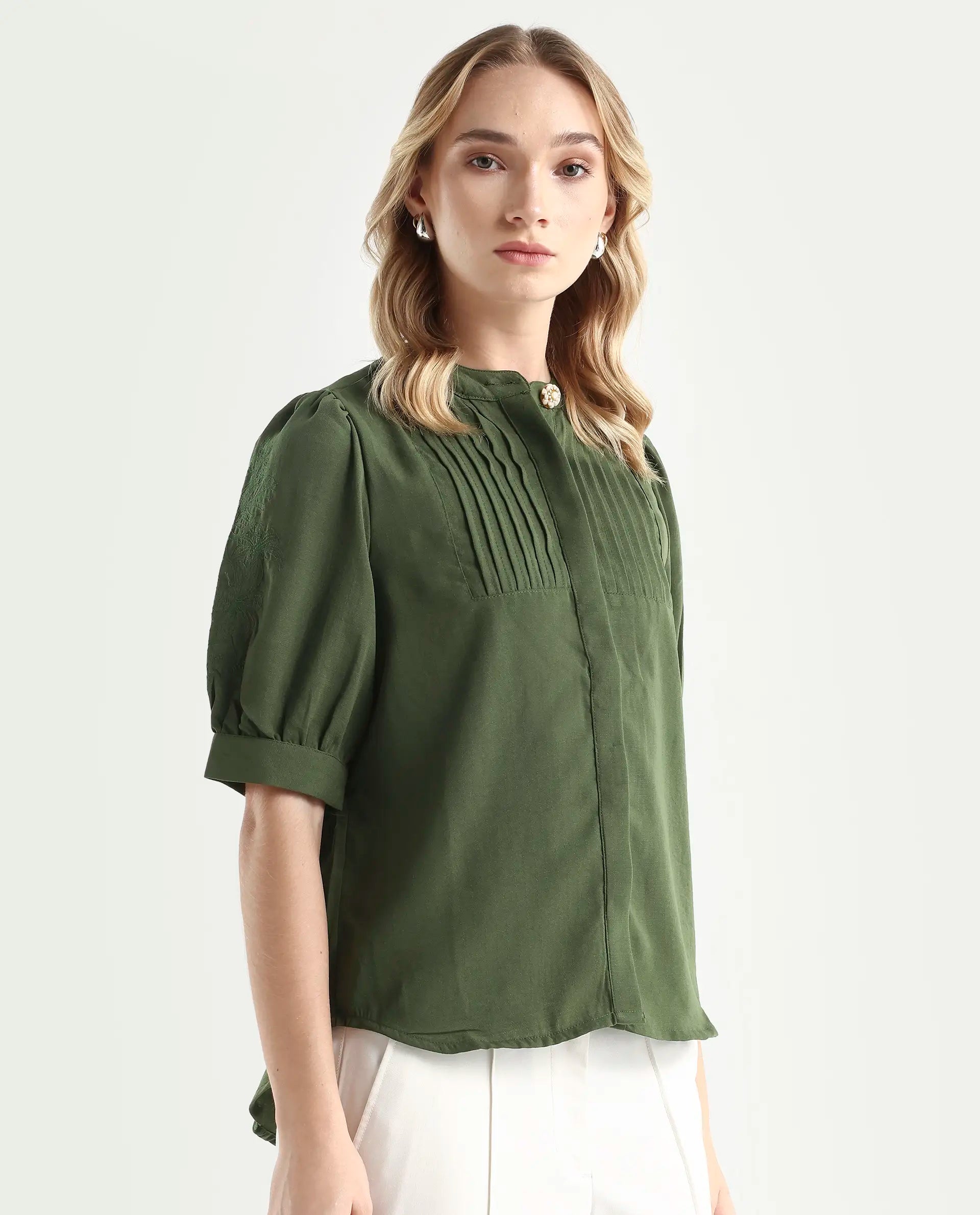 Rareism Women's Onit Olive Polyester Mandarin Collar Plain Bishop Sleeve Regular Fit Top