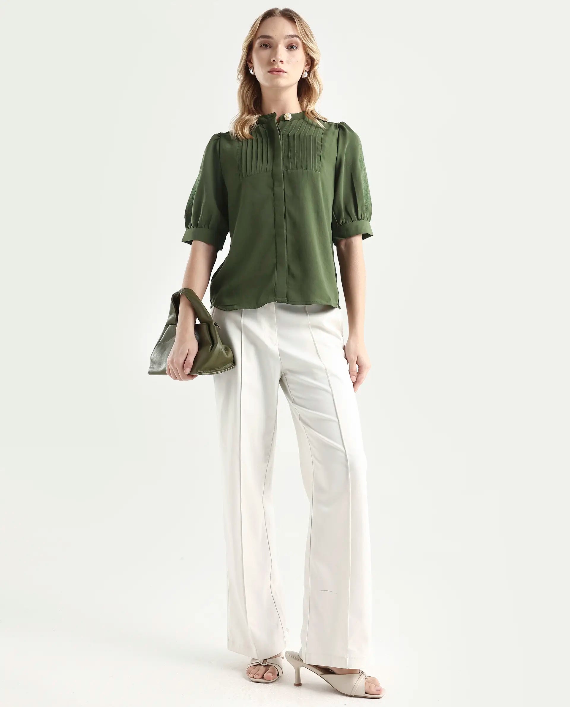 Rareism Women's Onit Olive Polyester Mandarin Collar Plain Bishop Sleeve Regular Fit Top