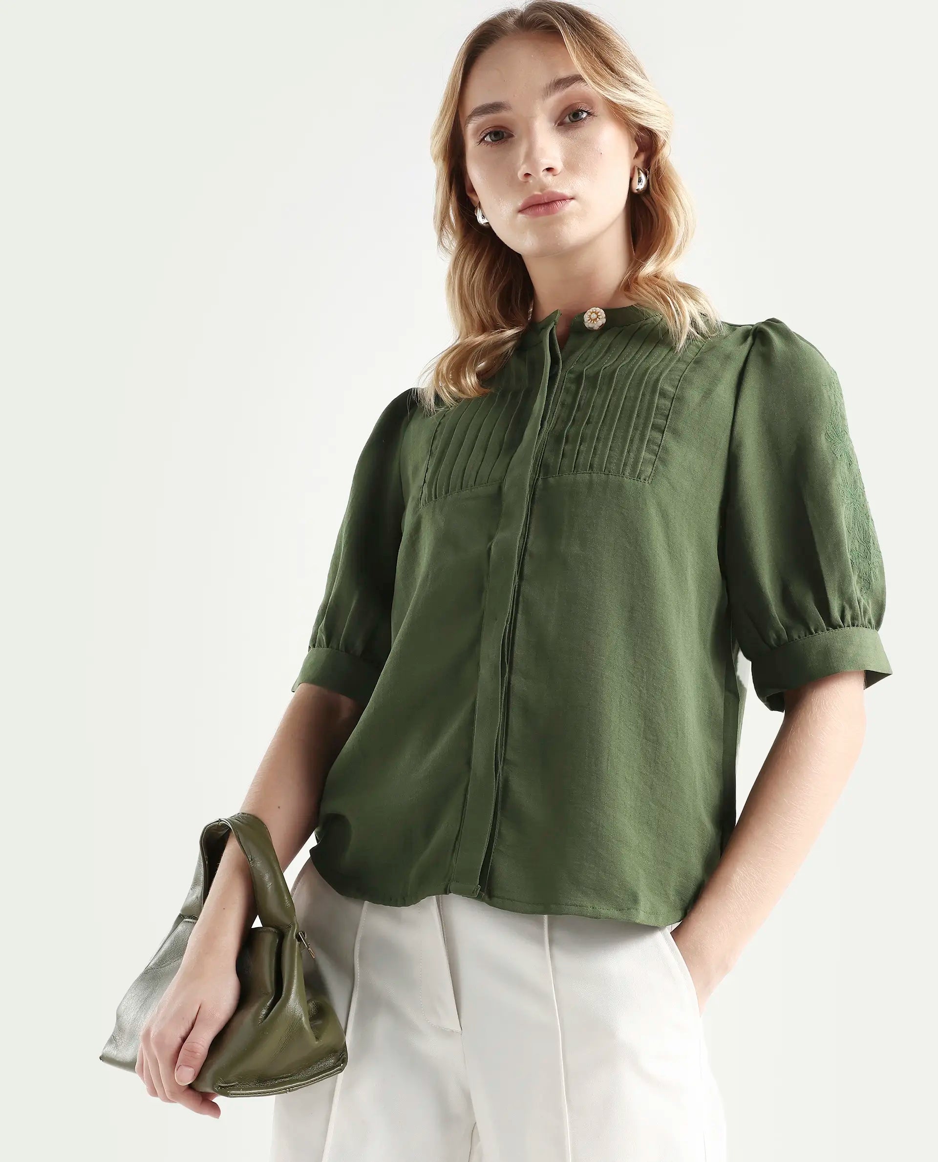Rareism Women's Onit Olive Polyester Mandarin Collar Plain Bishop Sleeve Regular Fit Top
