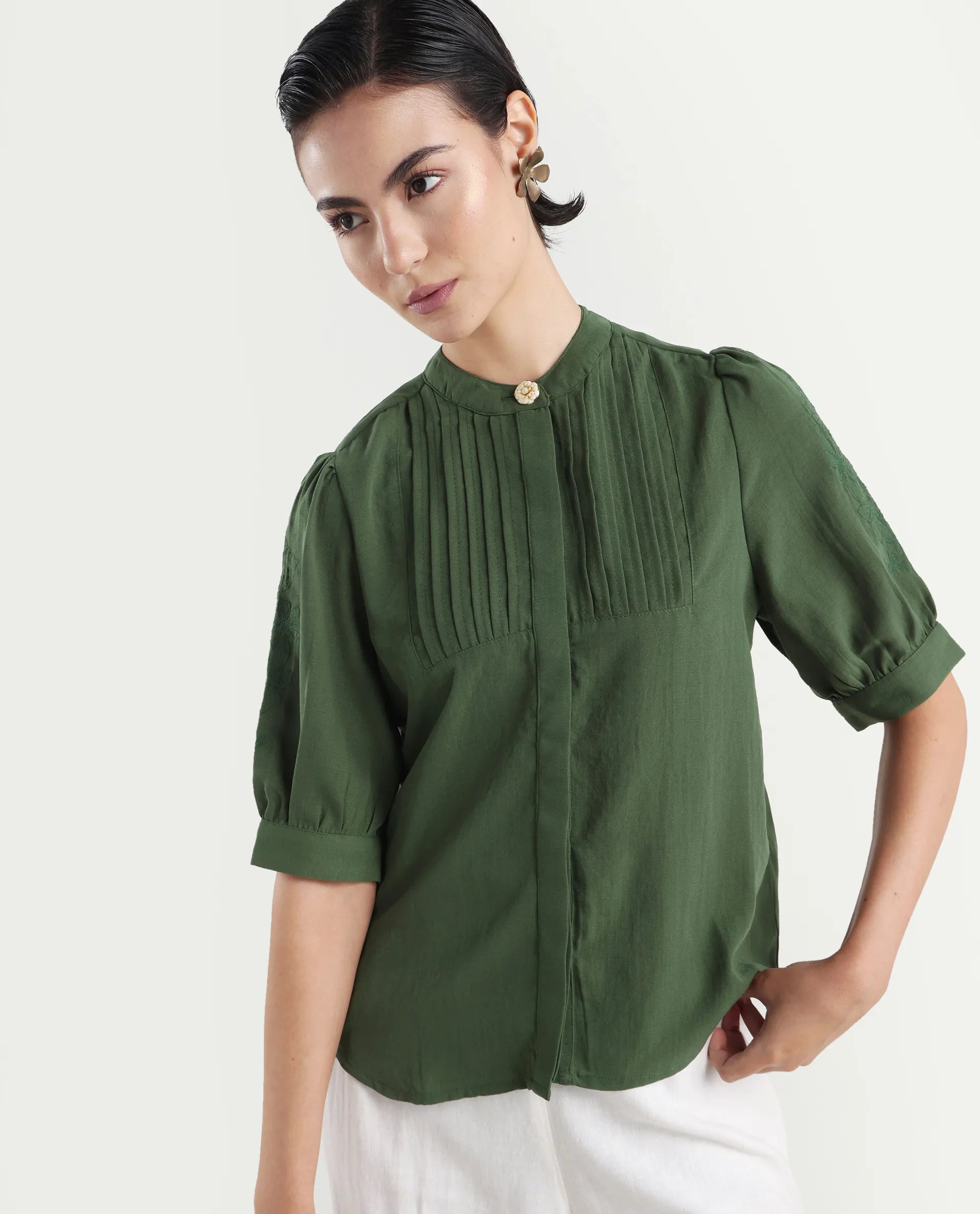 Rareism Women's Onit Olive Polyester Mandarin Collar Plain Bishop Sleeve Regular Fit Top