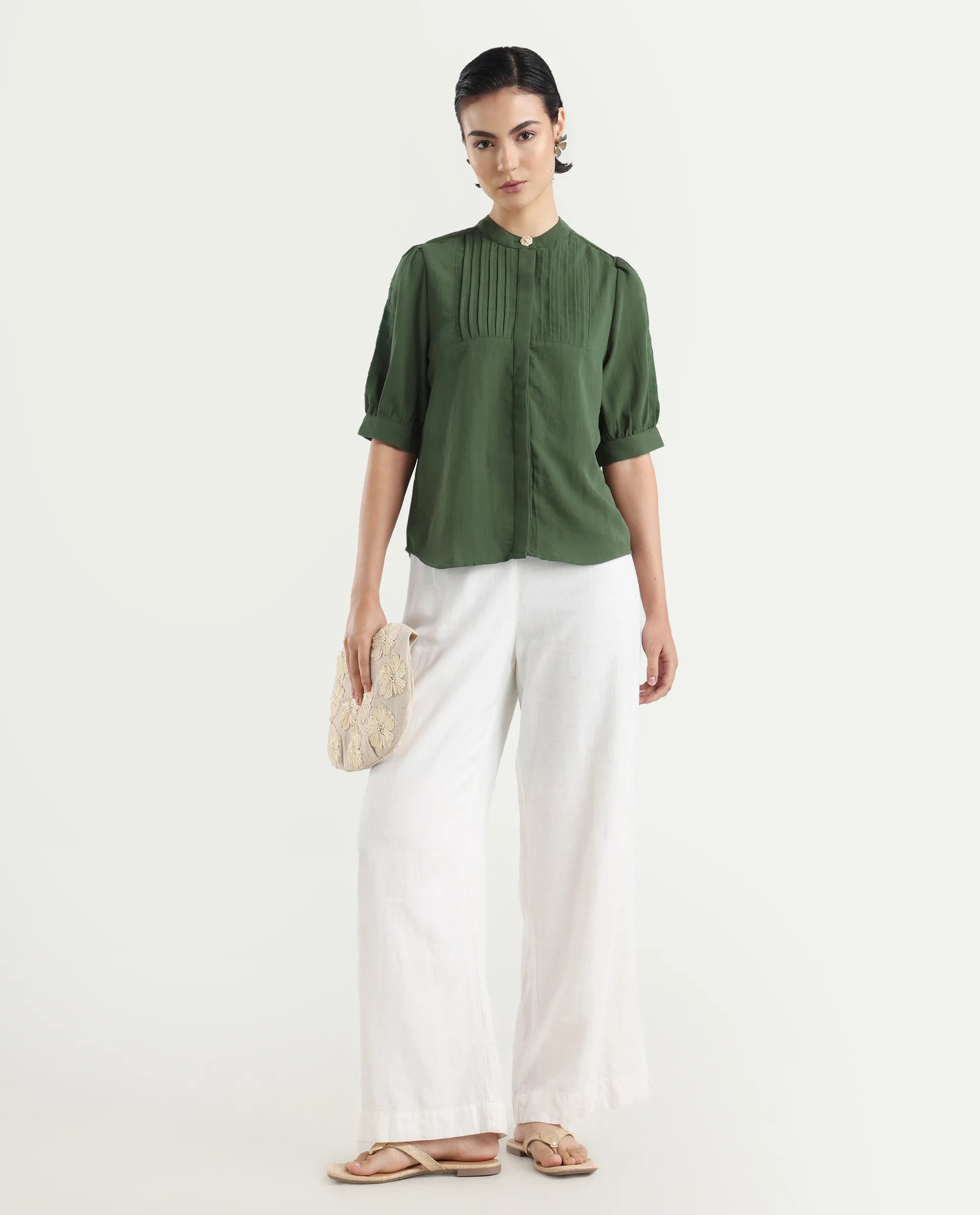 Rareism Women's Onit Olive Polyester Mandarin Collar Plain Bishop Sleeve Regular Fit Top