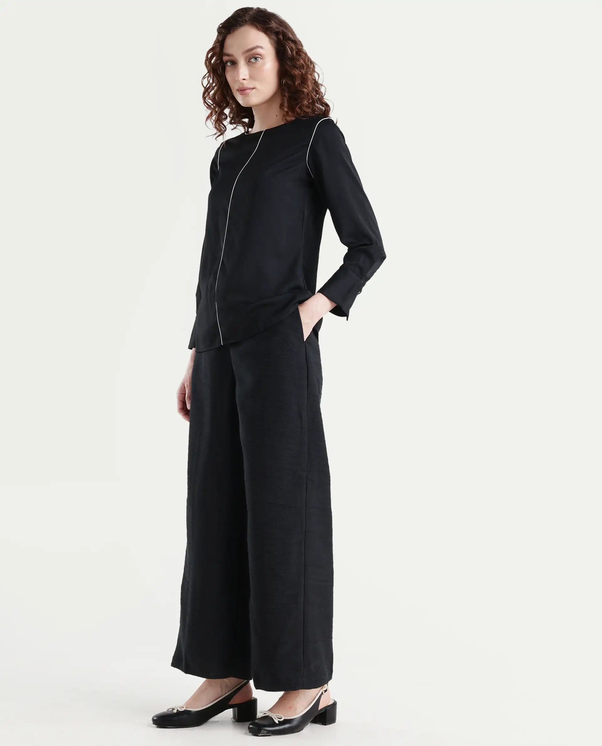 Rareism Women's Pidet-B-Black Satin Plain Ankle Length Wide Trouser
