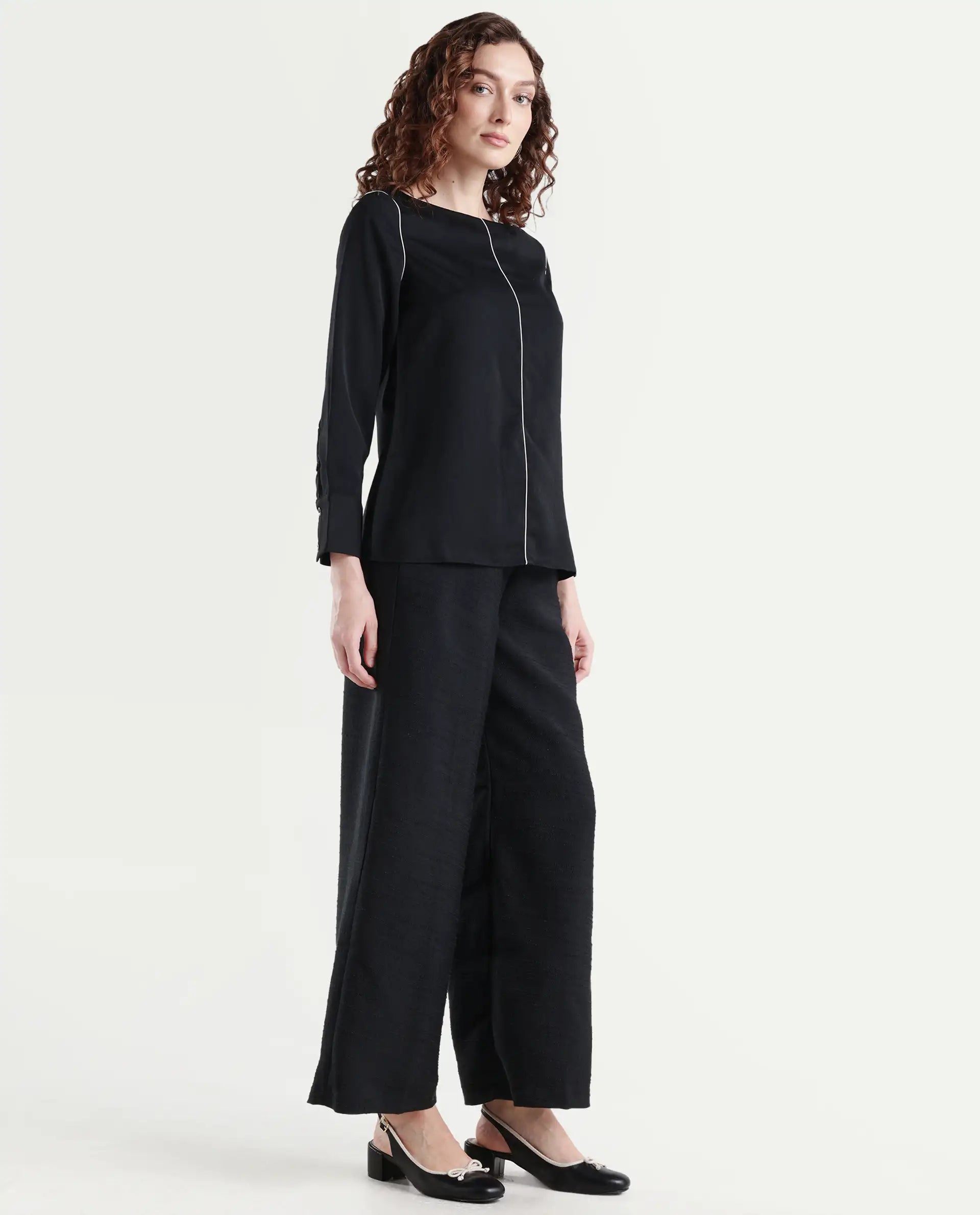Rareism Women's Pidet-B-Black Satin Plain Ankle Length Wide Trouser