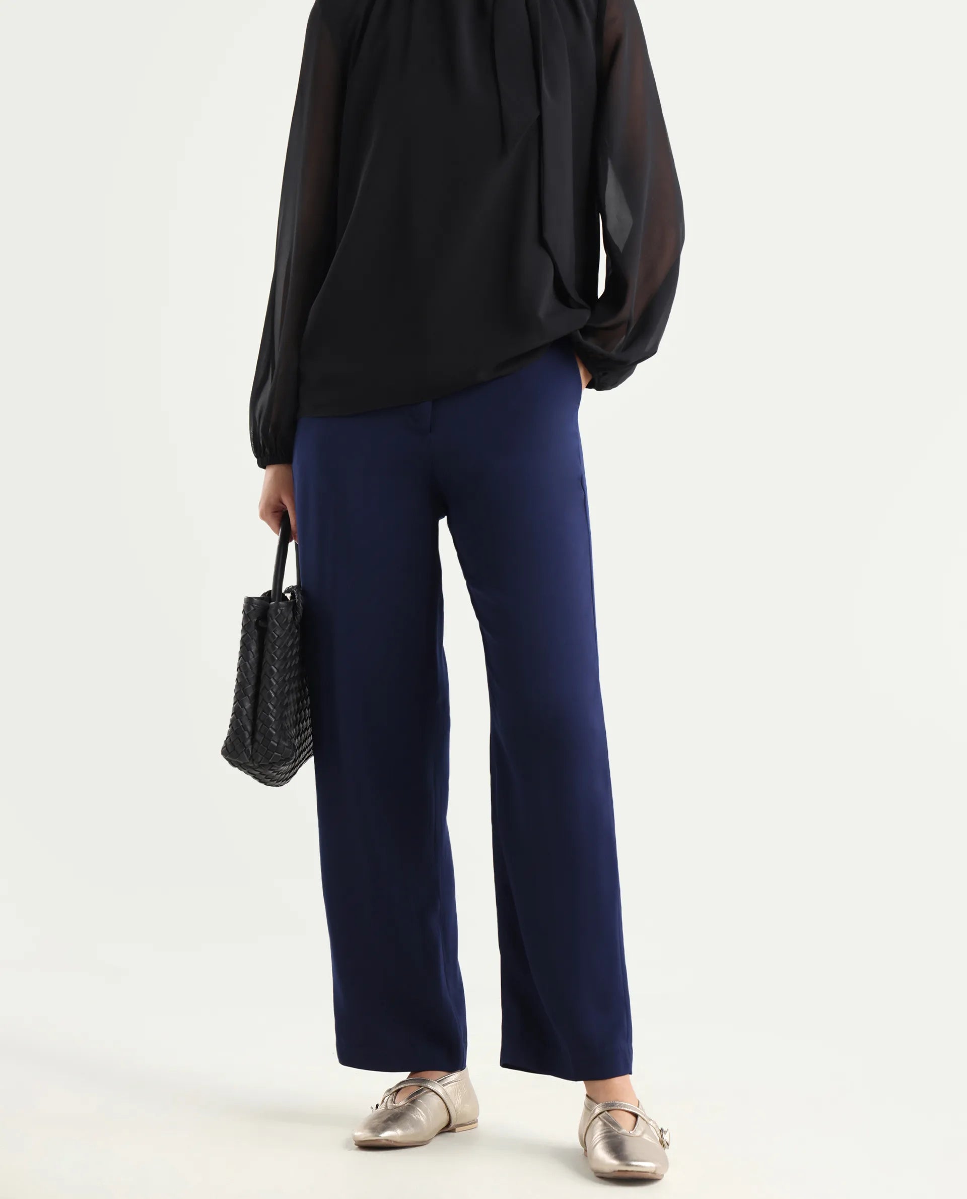 Rareism Women's Skrein Navy Polyester Blend Plain Ankle Length Straight Fit Trouser