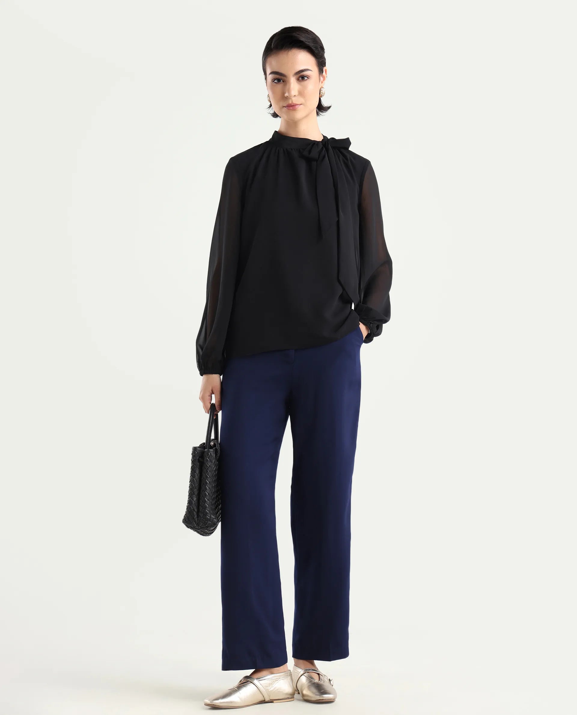 Rareism Women's Skrein Navy Polyester Blend Plain Ankle Length Straight Fit Trouser
