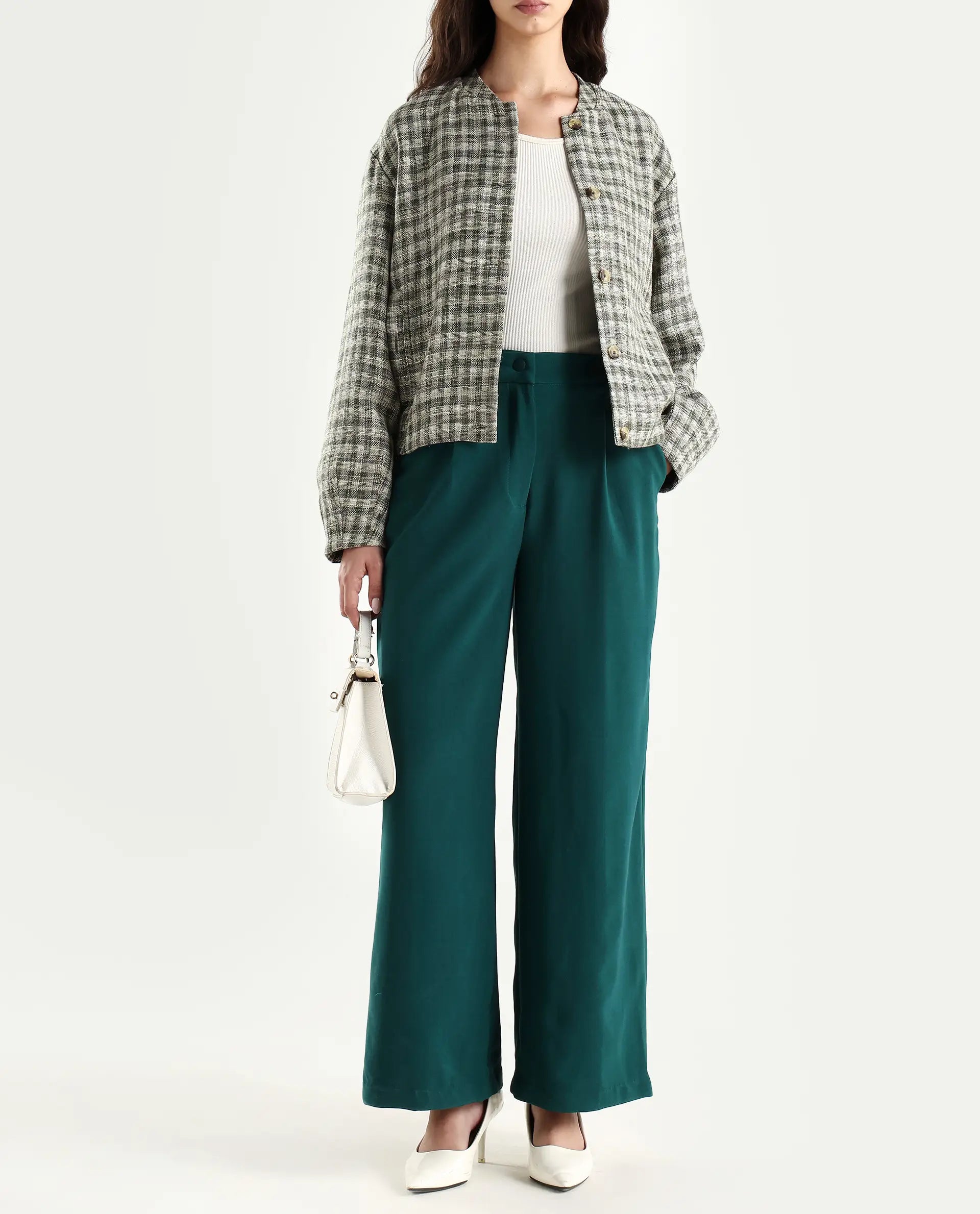 Rareism Women's Erica Green Polyester Blend Plain Ankle Length Wide Trouser