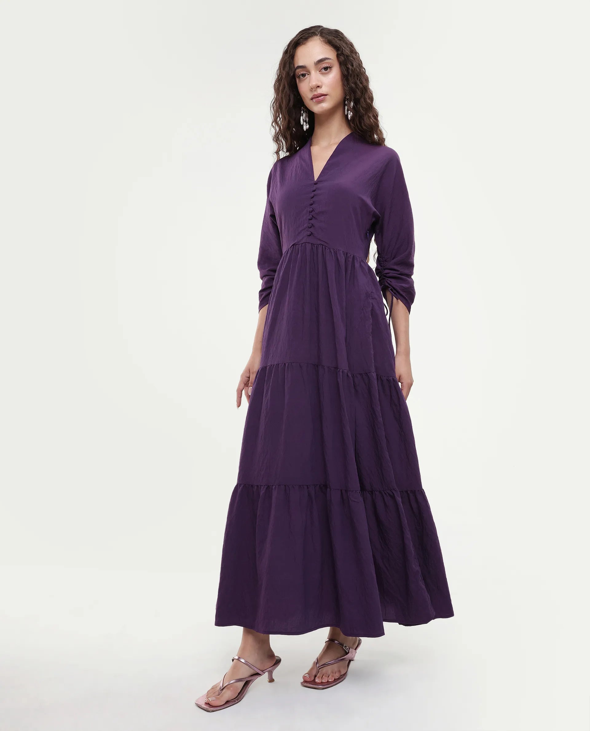 Rareism Women's Quroti Purple Nylon Blend Built-Up Neck Plain Kimono Sleeve Maxi Fit And Flare Dress