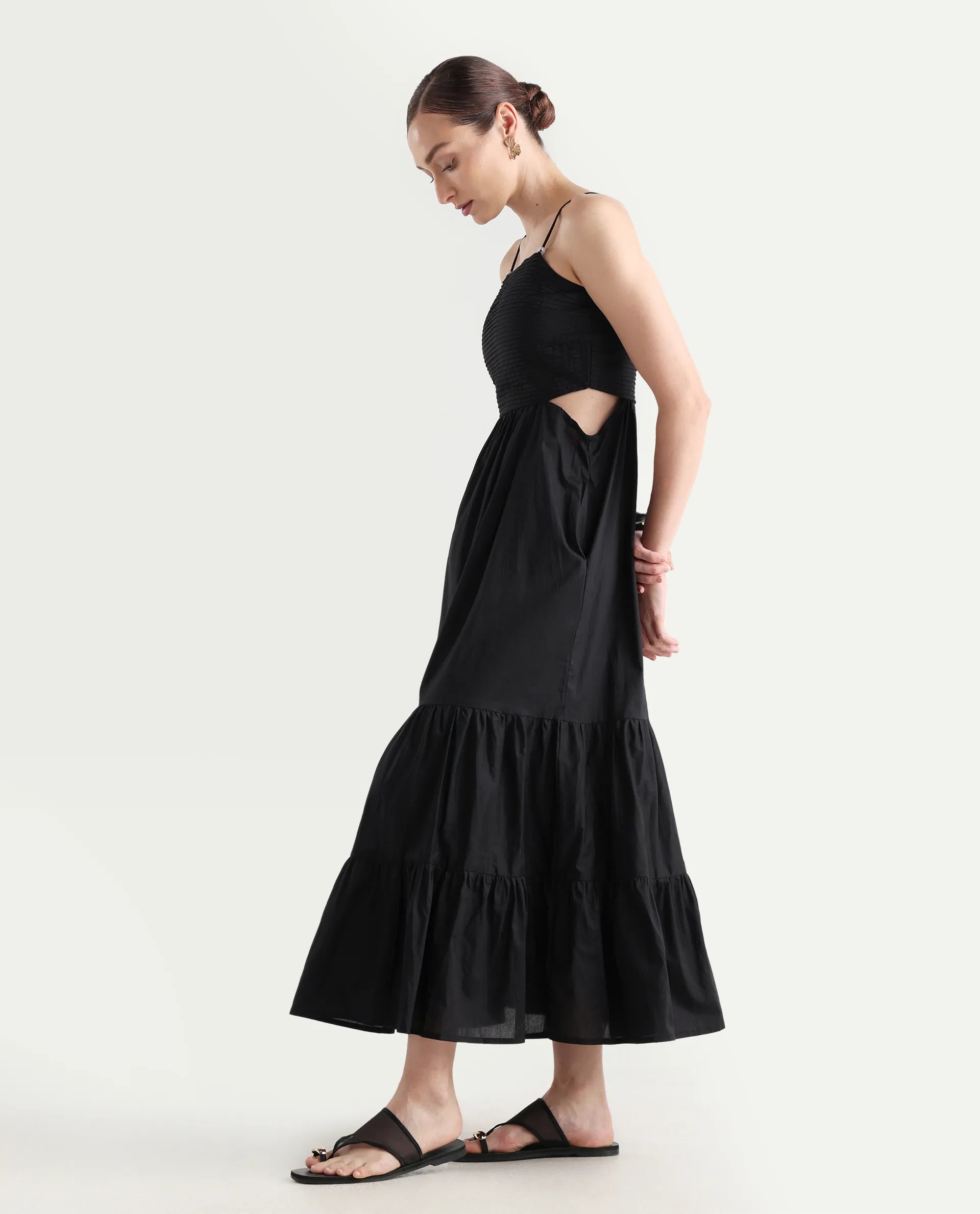 Rareism Women's Schor Black Cotton Shoulder Strap Plain Sleeveless Maxi Fit And Flare Dress