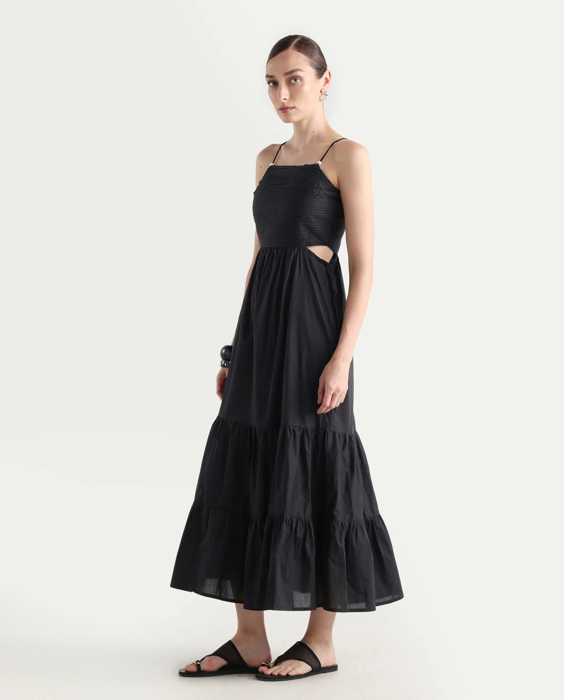 Rareism Women's Schor Black Cotton Shoulder Strap Plain Sleeveless Maxi Fit And Flare Dress