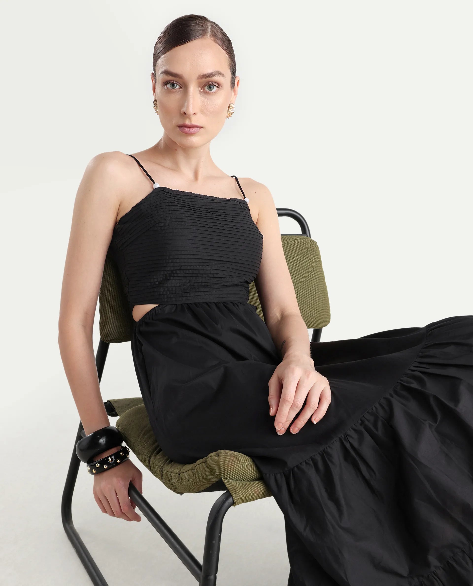 Rareism Women's Schor Black Cotton Shoulder Strap Plain Sleeveless Maxi Fit And Flare Dress