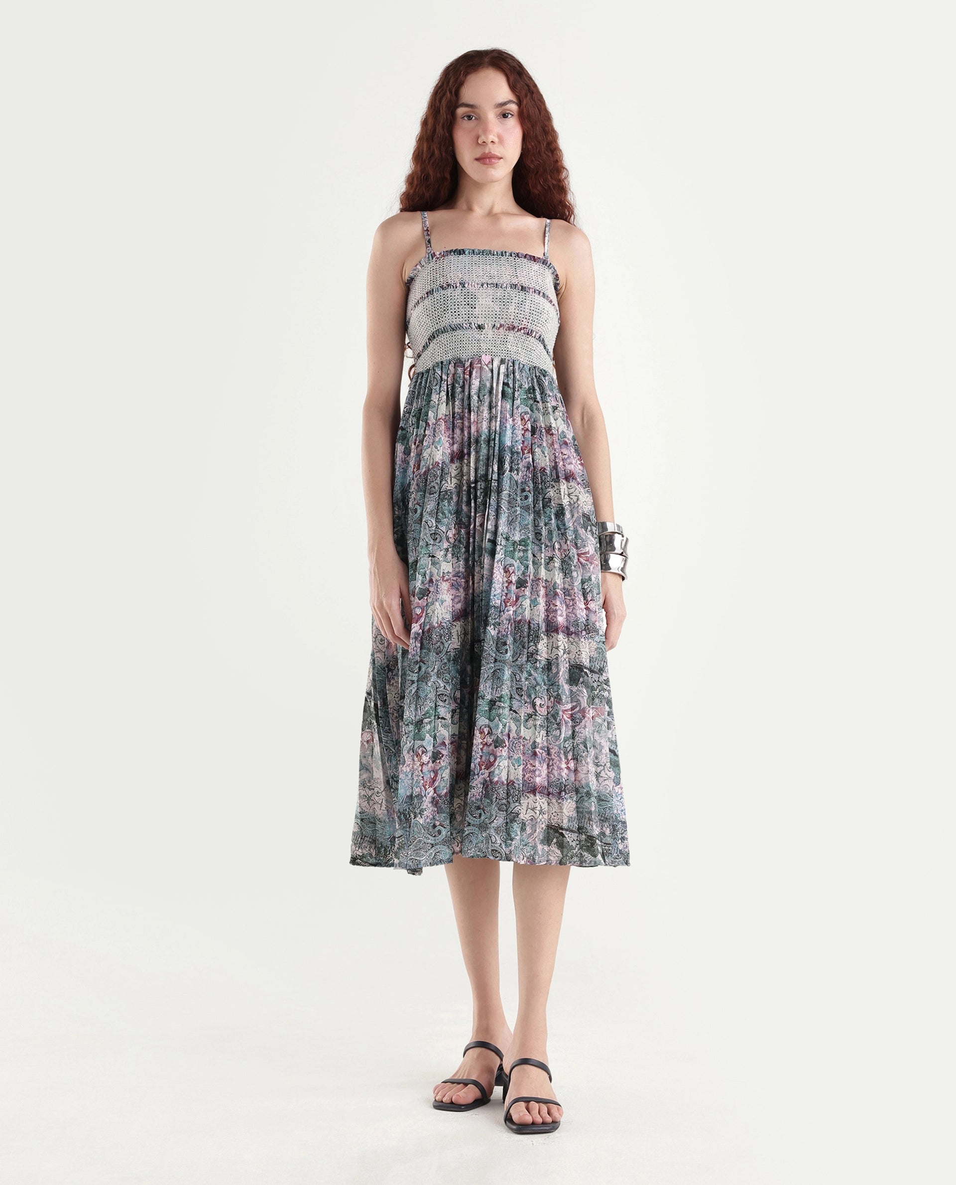 Rareism Women's Phanks Multi Polyester Tube Neck Abstract Print Sleeveless Midi Fit And Flare Dress