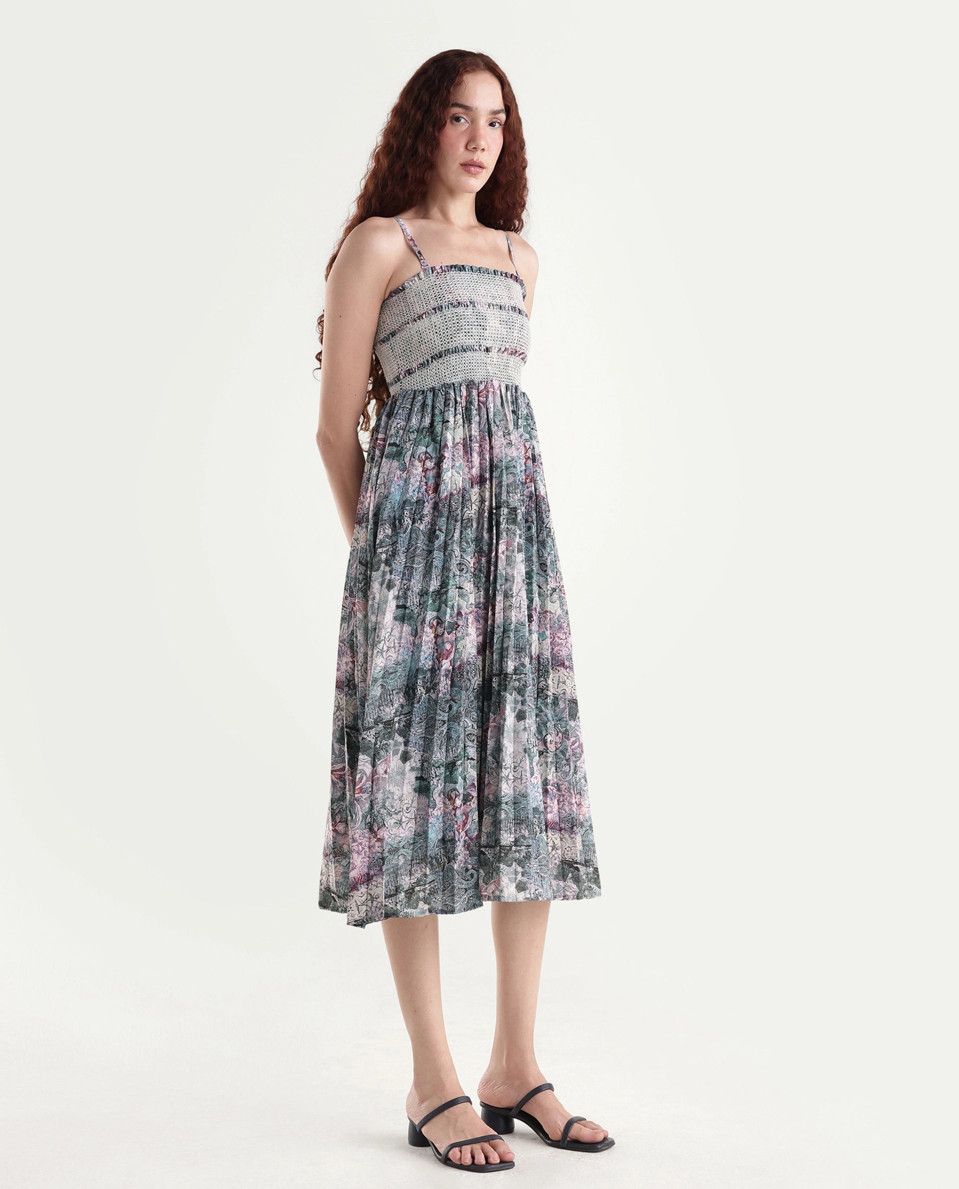 Rareism Women's Phanks Multi Polyester Tube Neck Abstract Print Sleeveless Midi Fit And Flare Dress