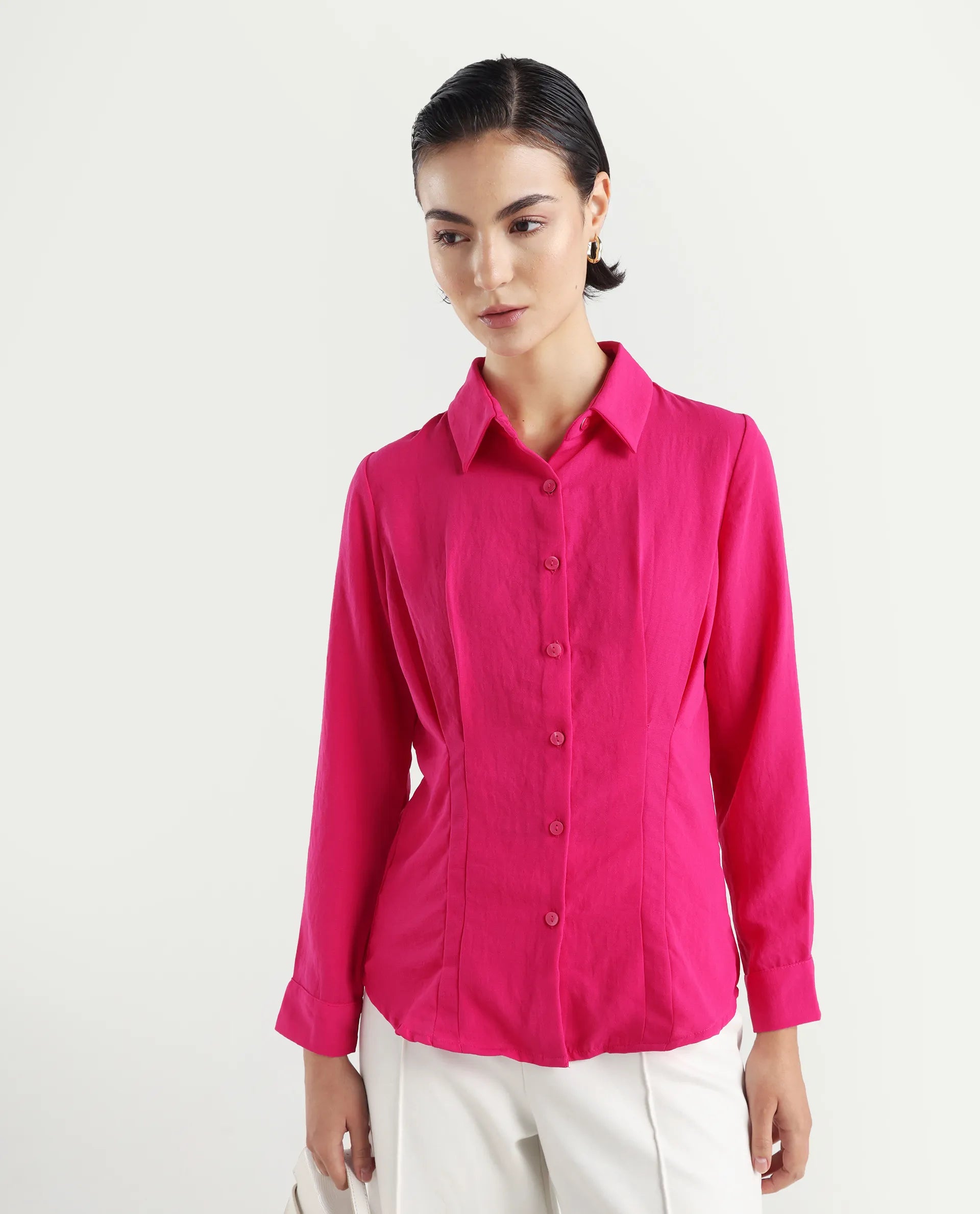 Rareism Women's Mersin Pink Polyester Spread Collar Plain Cuffed Sleeve Regular Fit Top