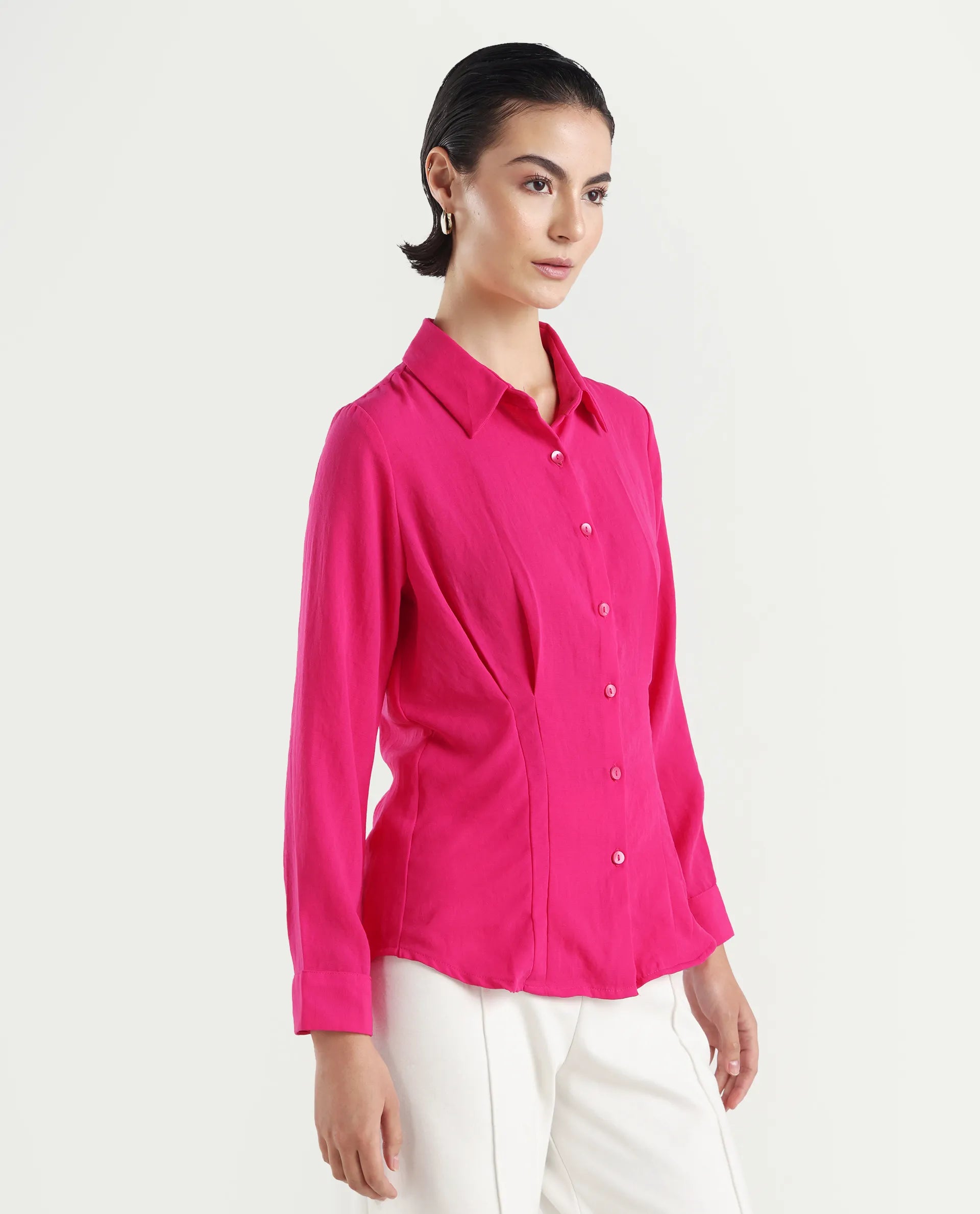 Rareism Women's Mersin Pink Polyester Spread Collar Plain Cuffed Sleeve Regular Fit Top