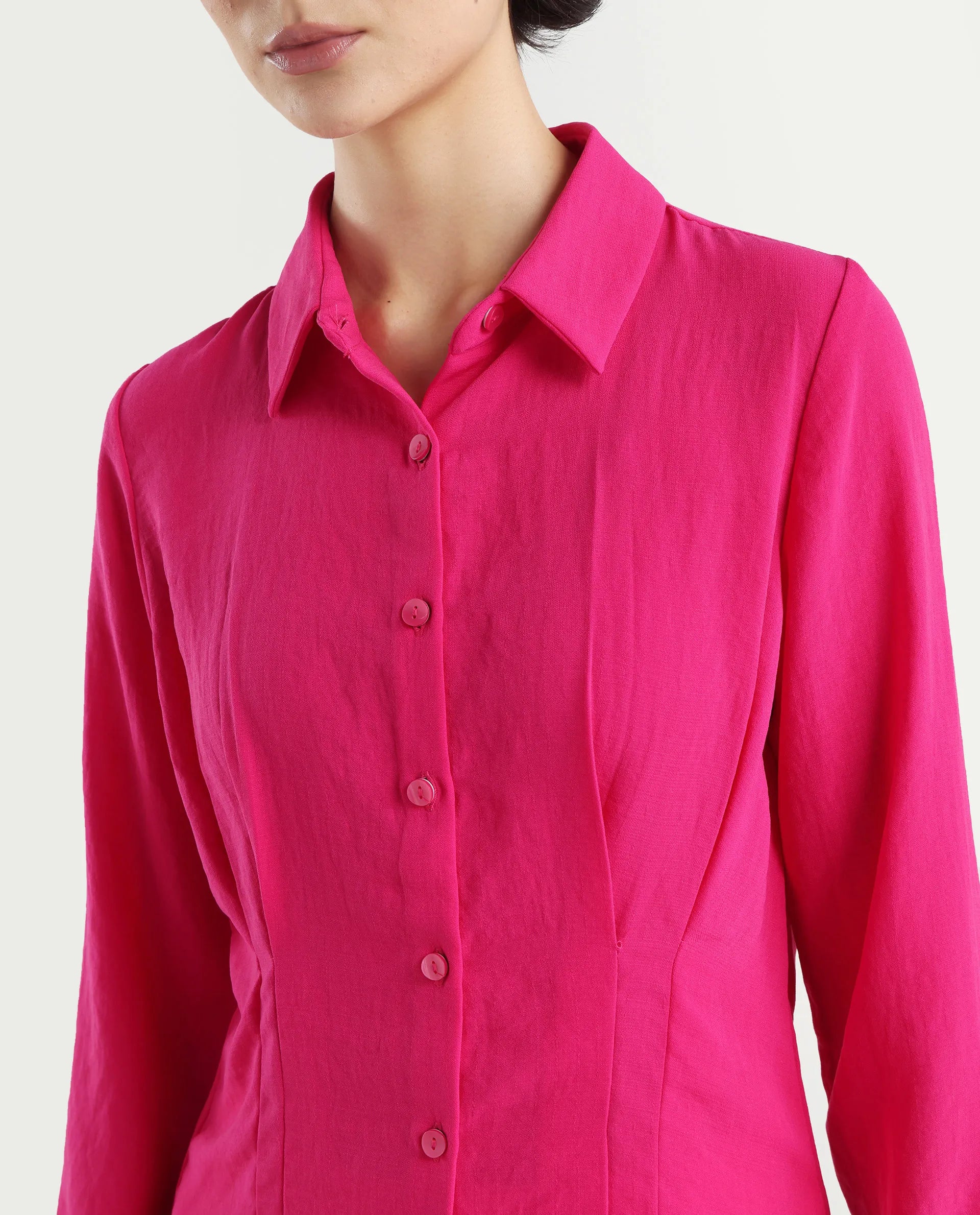 Rareism Women's Mersin Pink Polyester Spread Collar Plain Cuffed Sleeve Regular Fit Top