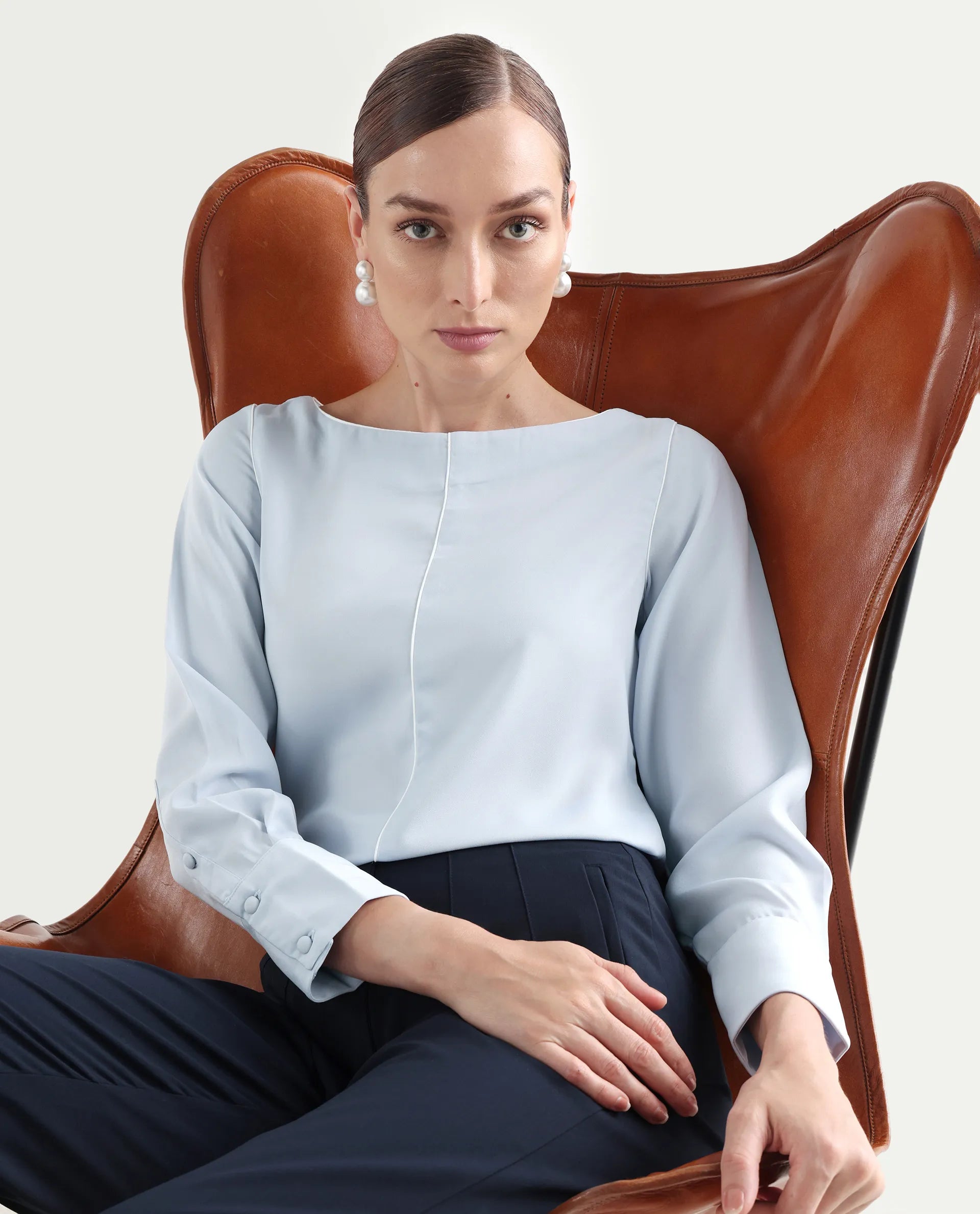 Rareism Women's Pidet Blue Satin Boat Neck Plain Cuffed Sleeve Regular Fit Top