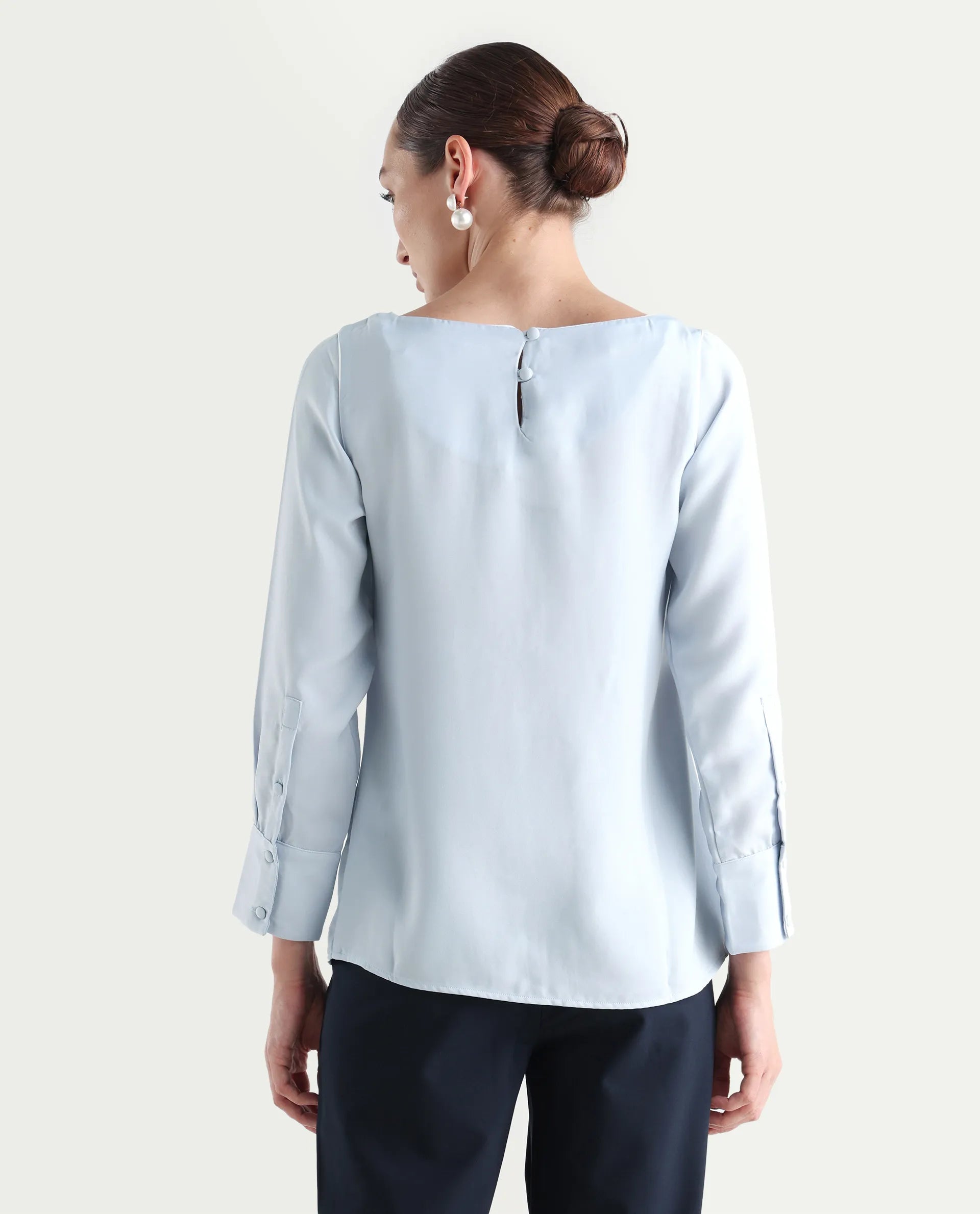 Rareism Women's Pidet Blue Satin Boat Neck Plain Cuffed Sleeve Regular Fit Top
