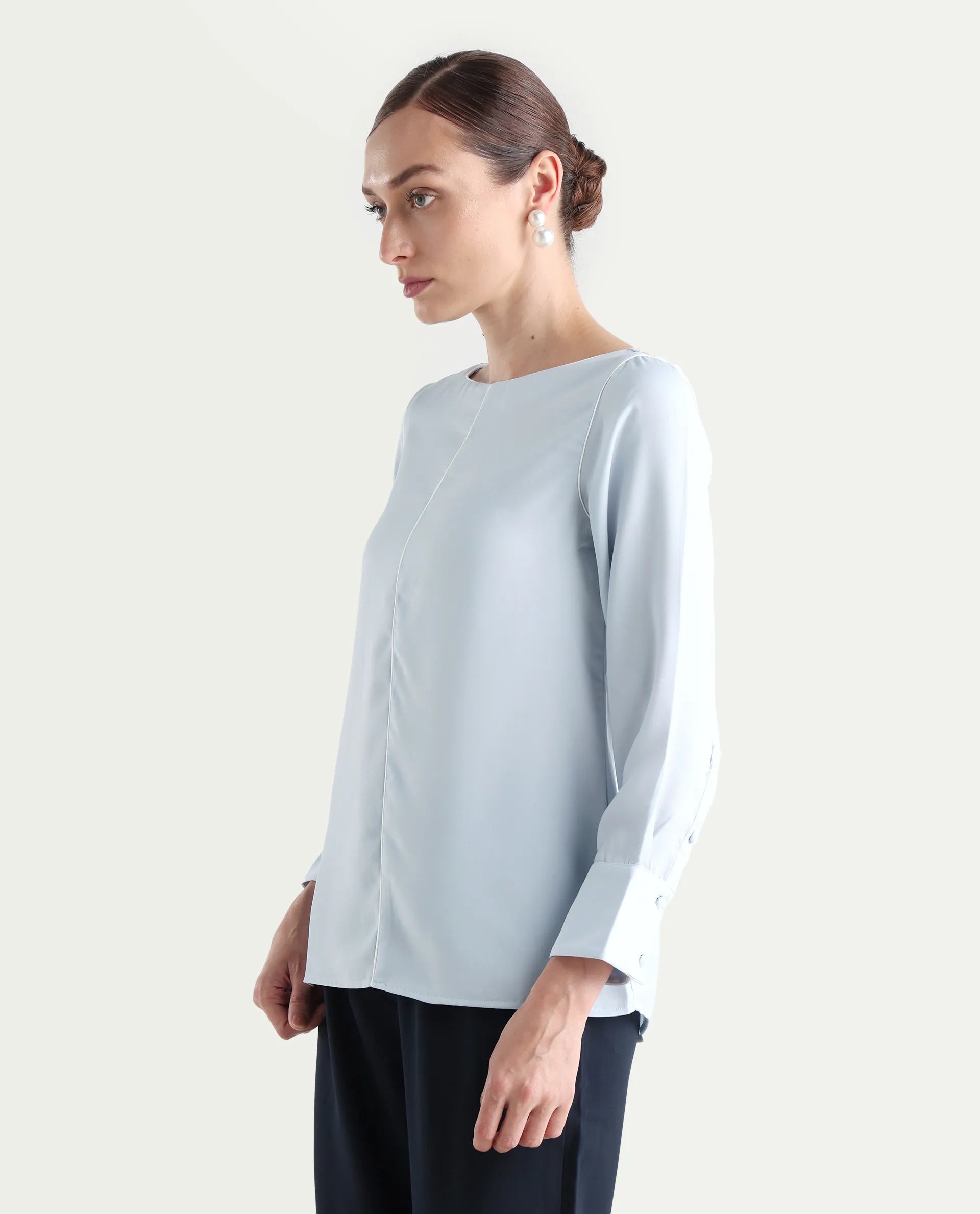 Rareism Women's Pidet Blue Satin Boat Neck Plain Cuffed Sleeve Regular Fit Top