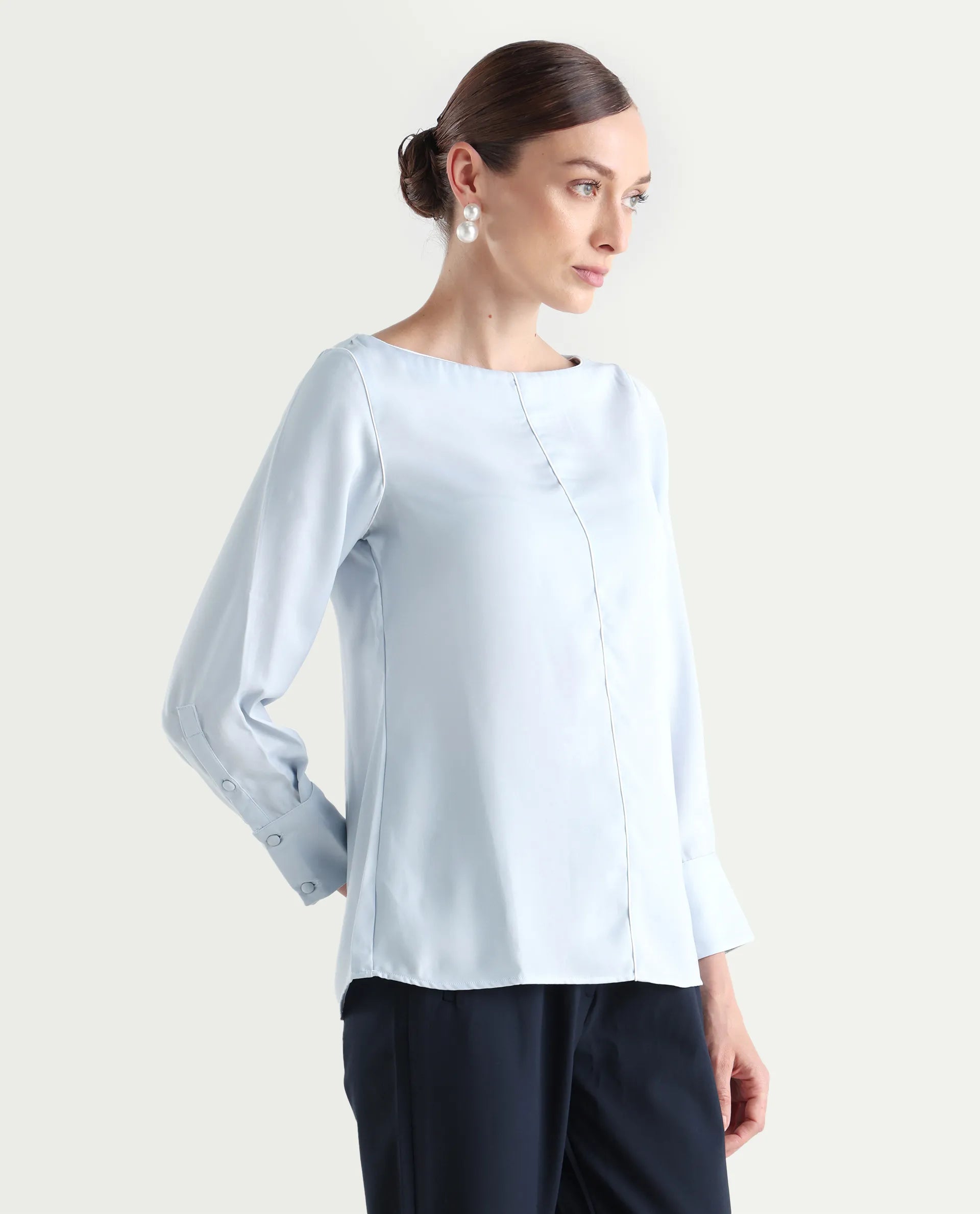 Rareism Women's Pidet Blue Satin Boat Neck Plain Cuffed Sleeve Regular Fit Top