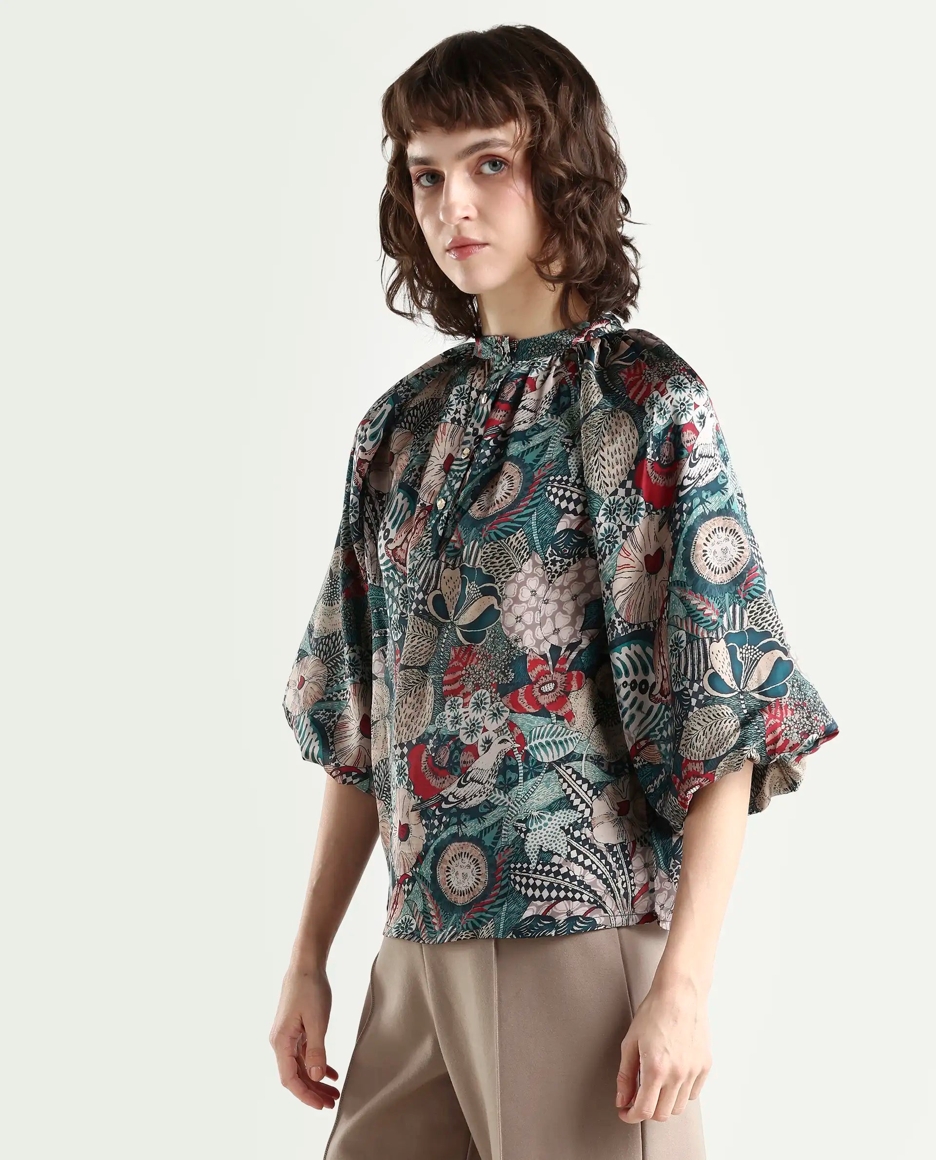 Rareism Women's Xito Multi Satin Mandarin Collar Abstract Print Raglan Sleeve Regular Fit Top